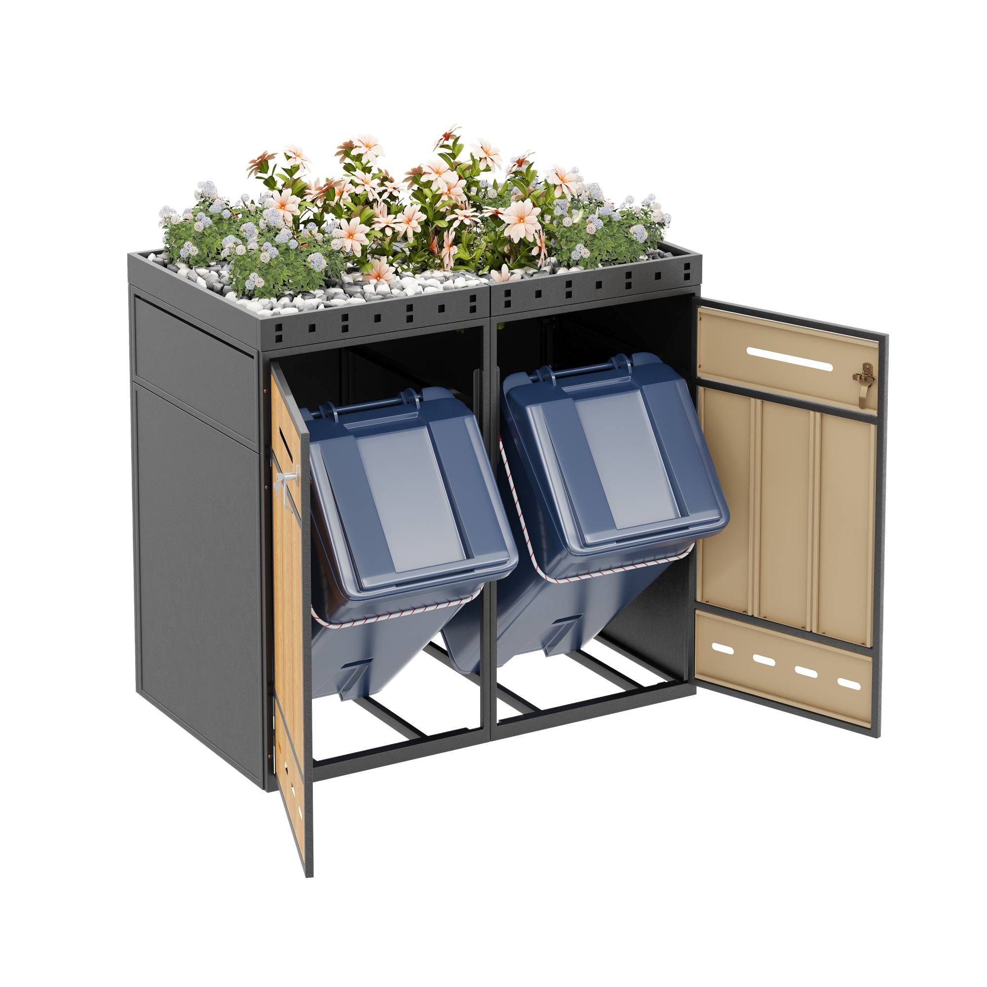 Coffre à déchets avec toit de plantation, pour 2 poubelles 120-240L, en acier et bois, 132 x 80 x 124 cm - PANGIVO - Image 6
