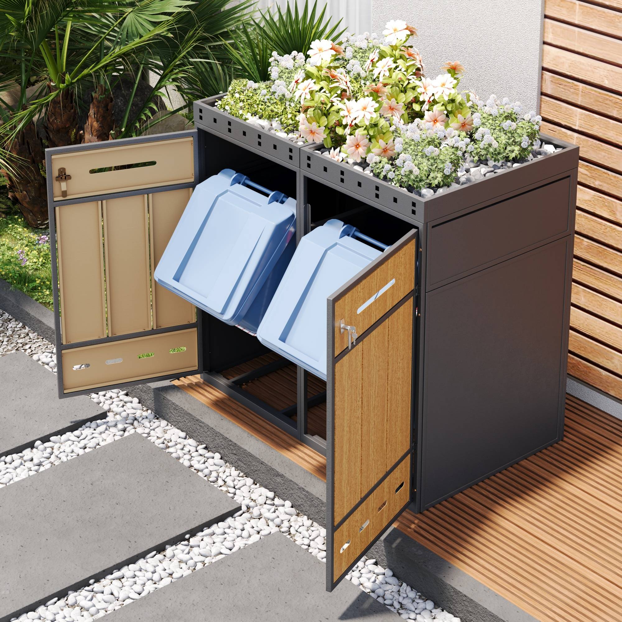 Coffre à déchets avec toit de plantation, pour 2 poubelles 120-240L, en acier et bois, 132 x 80 x 124 cm - PANGIVO - Image 3