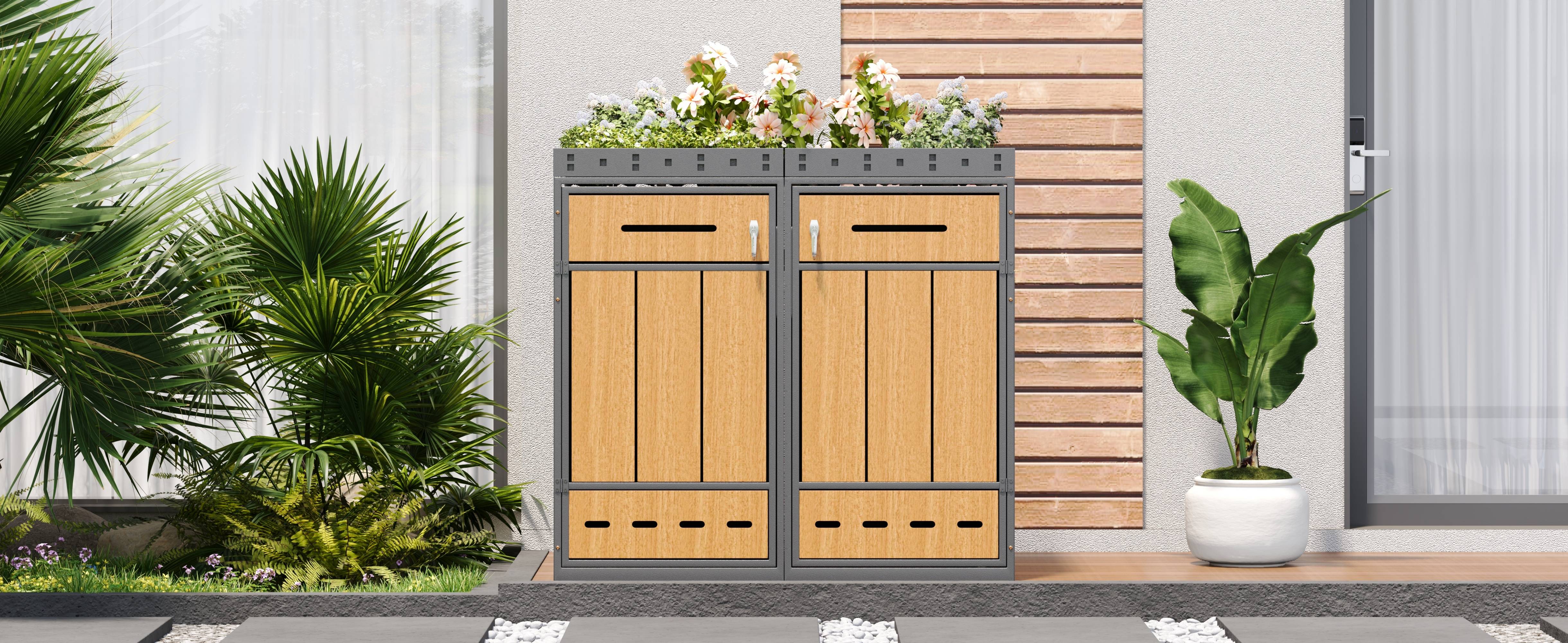 Coffre à déchets avec toit de plantation, pour 2 poubelles 120-240L, en acier et bois, 132 x 80 x 124 cm - PANGIVO - Image 8