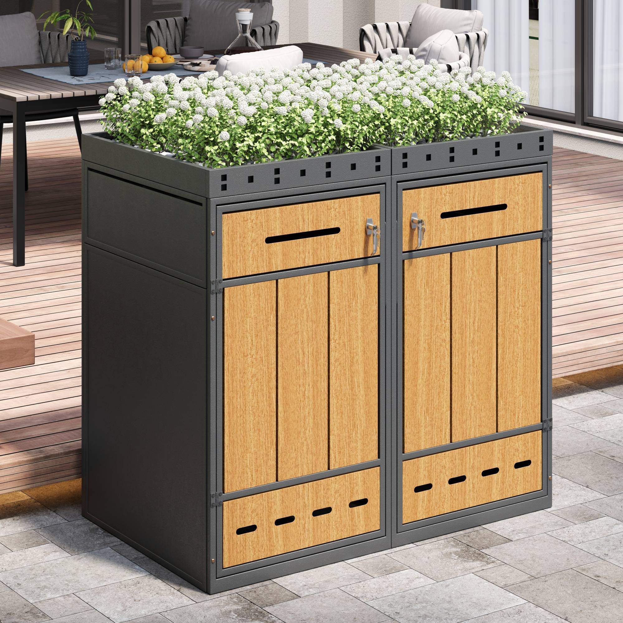 Coffre à déchets avec toit de plantation, pour 2 poubelles 120-240L, en acier et bois, 132 x 80 x 124 cm - PANGIVO - Image 10