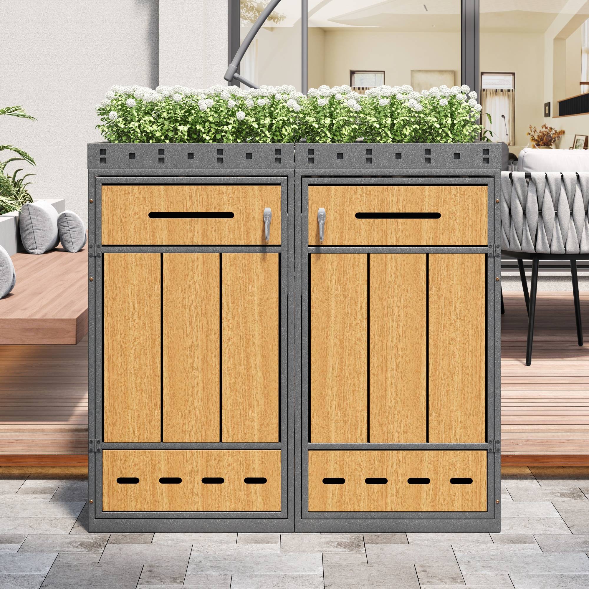 Coffre à déchets avec toit de plantation, pour 2 poubelles 120-240L, en acier et bois, 132 x 80 x 124 cm - PANGIVO - Image 9