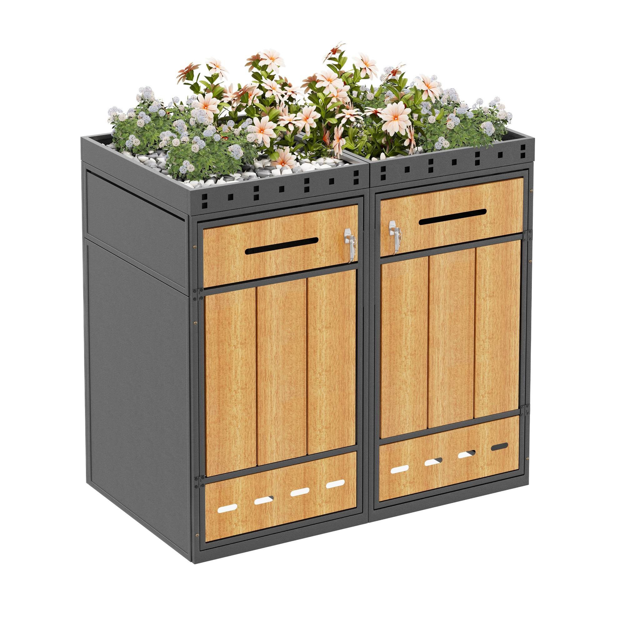 Coffre à déchets avec toit de plantation, pour 2 poubelles 120-240L, en acier et bois, 132 x 80 x 124 cm - PANGIVO - Image 1