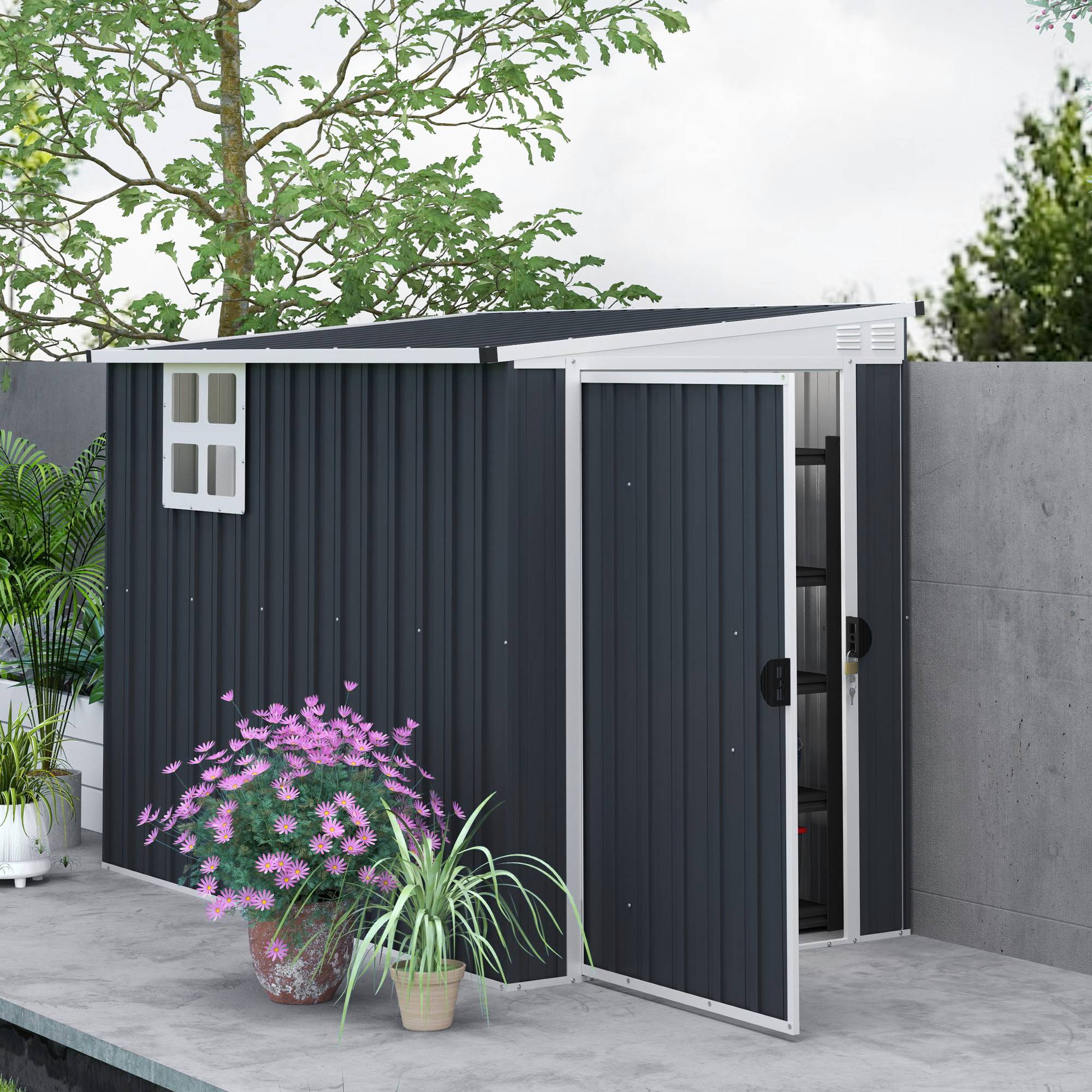 Abri de jardin acier avec rangement outils, fenêtres ventilation et serrure, cabanon sécurisé gris foncé - Image 4