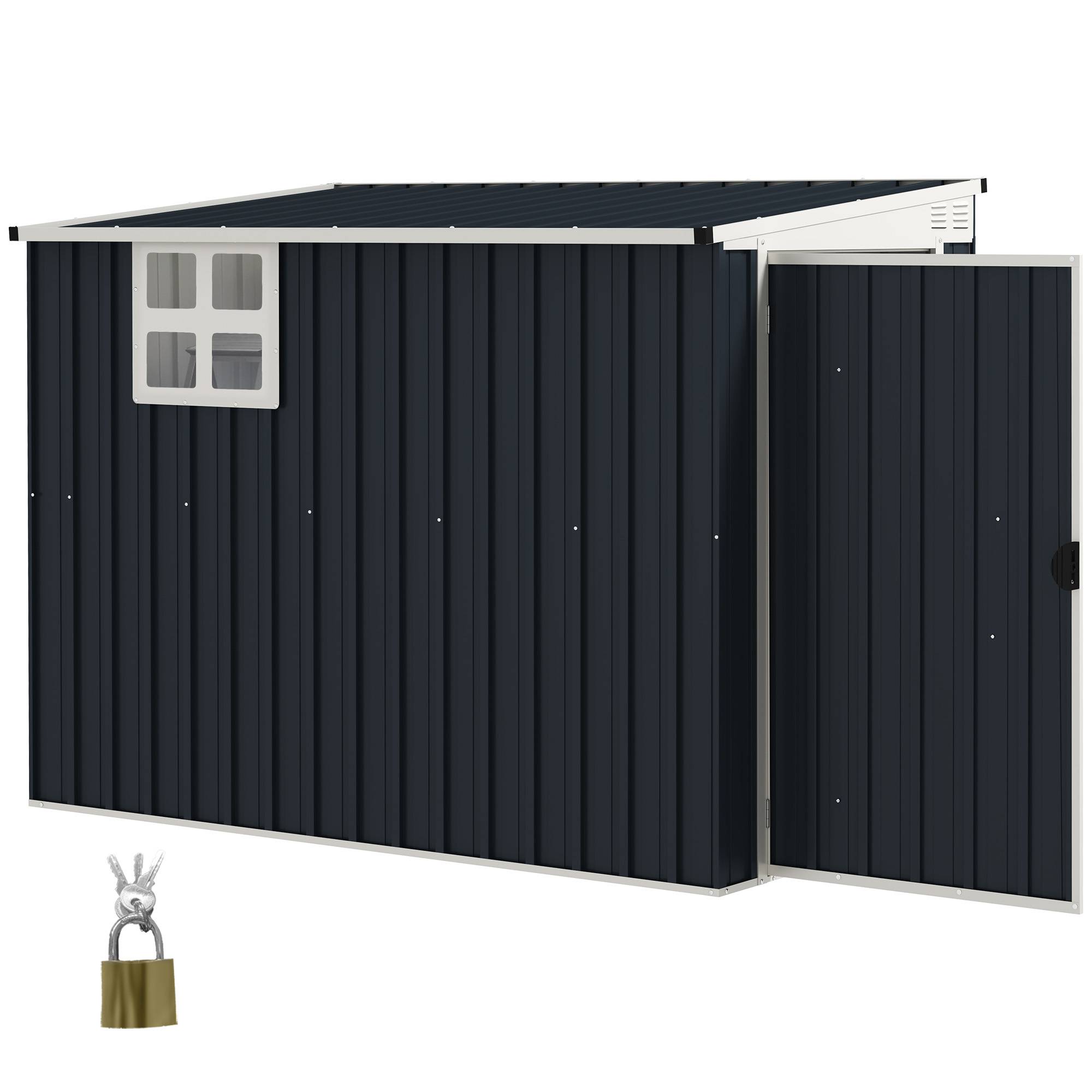 Abri de jardin acier avec rangement outils, fenêtres ventilation et serrure, cabanon sécurisé gris foncé - Image 2