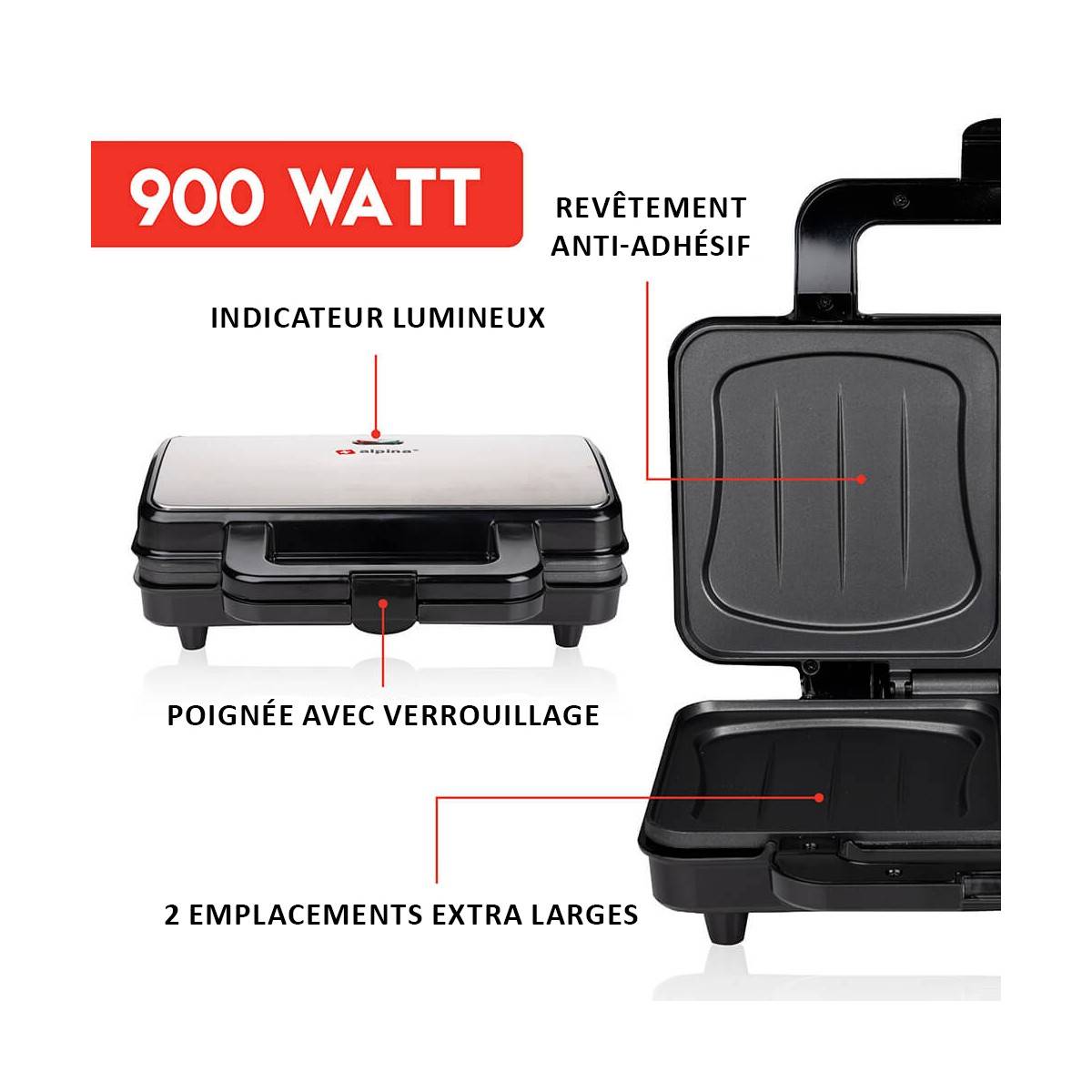 Alpina - Appareil à croque monsieur 900W Plaque anti-adhésive ALPINA - Image 2