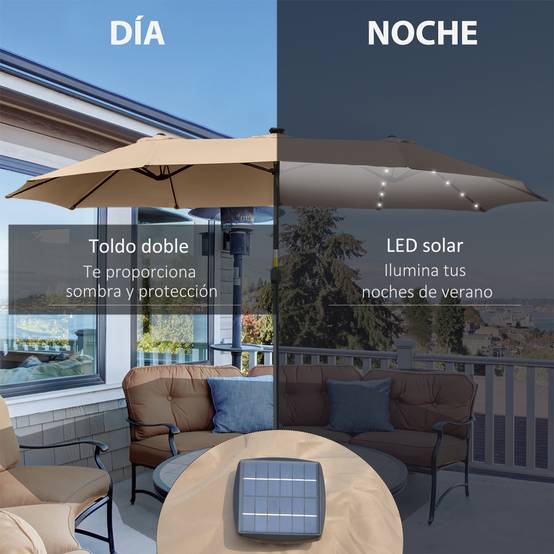 Parasol double 450 x 265 x 240 cm avec 48 LED, manivelle, protection solaire pour terrasse, balcon, piscine, kaki - Image 6