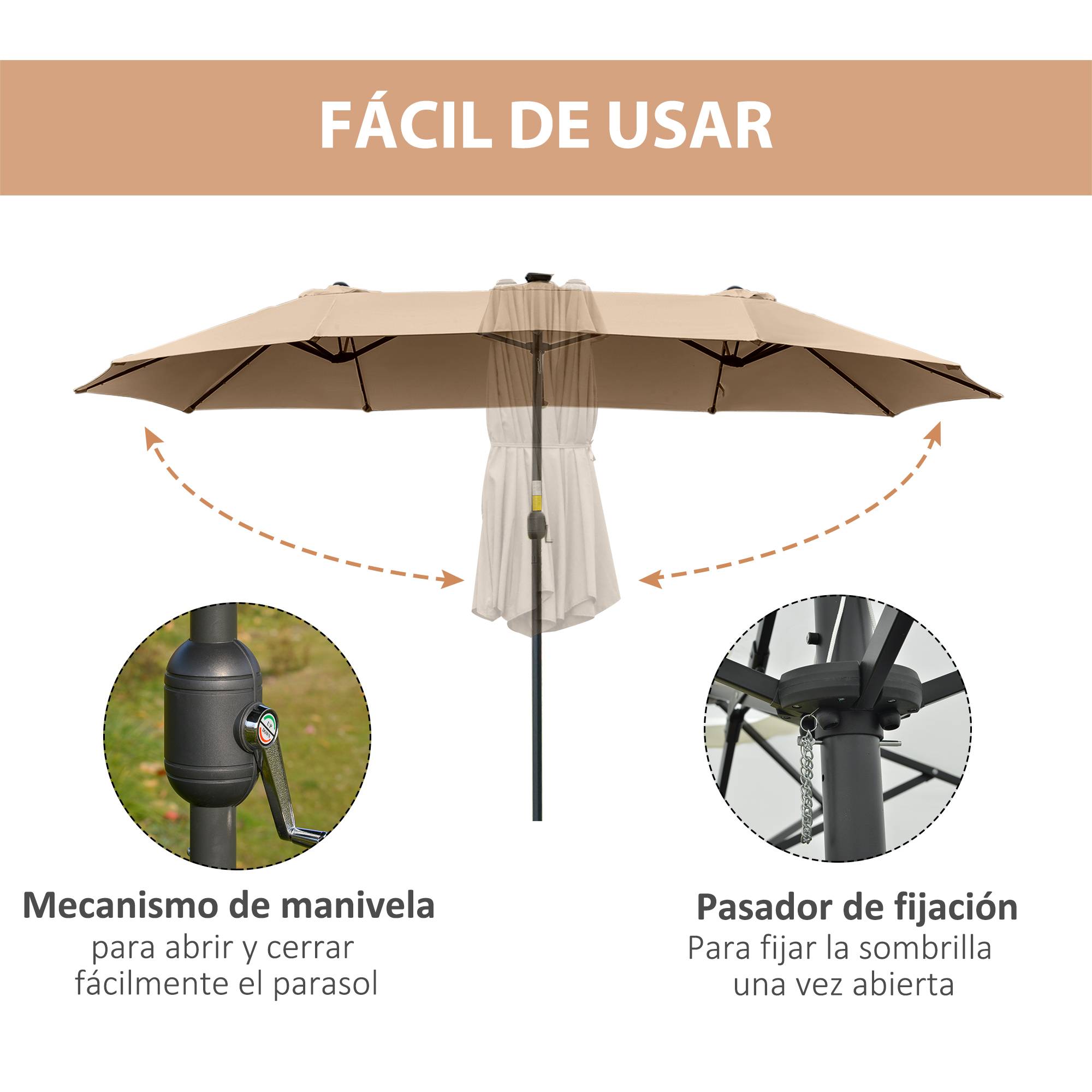Parasol double 450 x 265 x 240 cm avec 48 LED, manivelle, protection solaire pour terrasse, balcon, piscine, kaki - Image 8