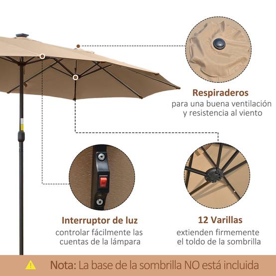 Parasol double 450 x 265 x 240 cm avec 48 LED, manivelle, protection solaire pour terrasse, balcon, piscine, kaki - Image 7