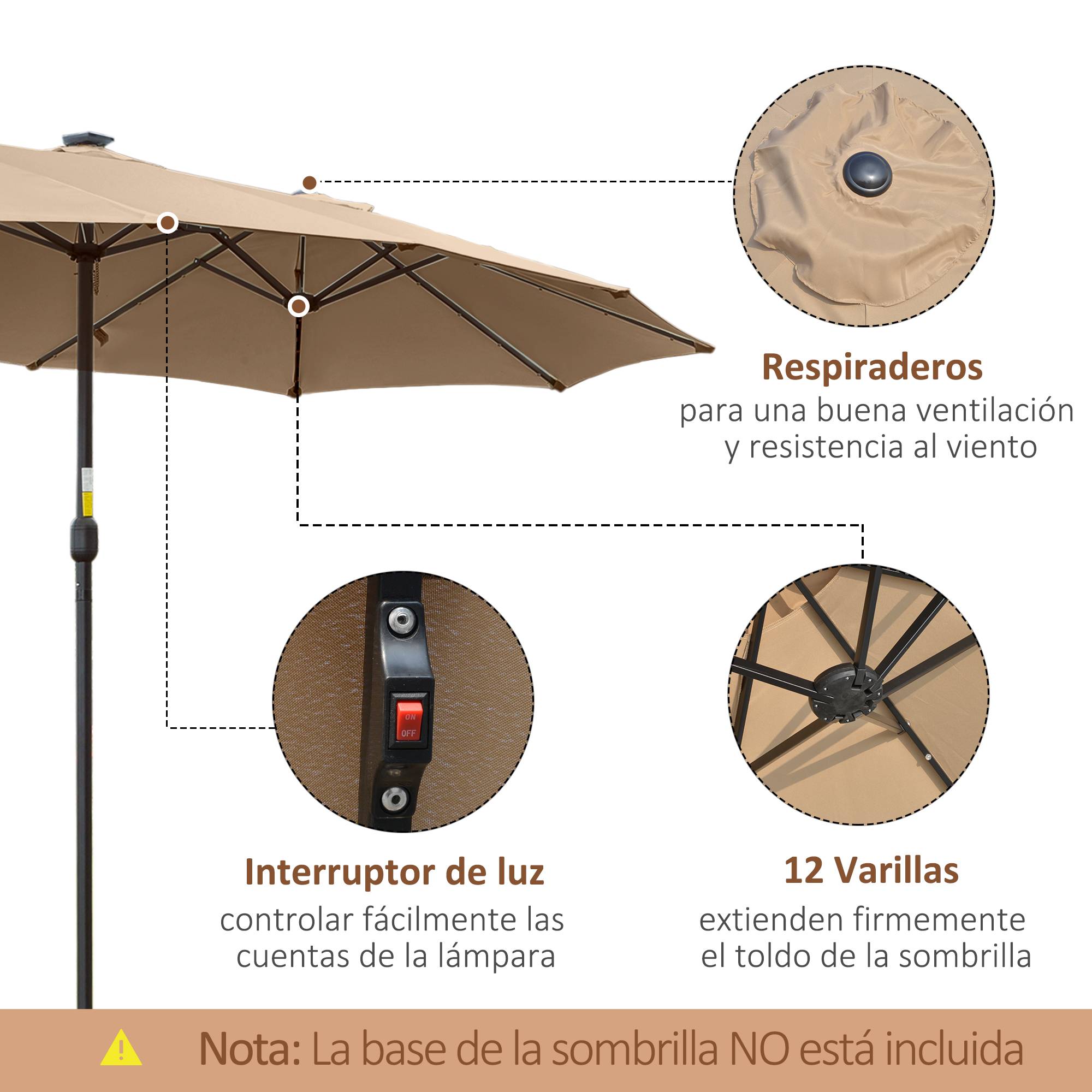 Parasol double 450 x 265 x 240 cm avec 48 LED, manivelle, protection solaire pour terrasse, balcon, piscine, kaki - Image 7