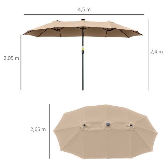 Parasol double 450 x 265 x 240 cm avec 48 LED, manivelle, protection solaire pour terrasse, balcon, piscine, kaki - Image 5
