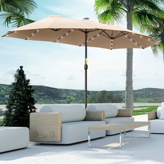 Parasol double 450 x 265 x 240 cm avec 48 LED, manivelle, protection solaire pour terrasse, balcon, piscine, kaki - Image 3