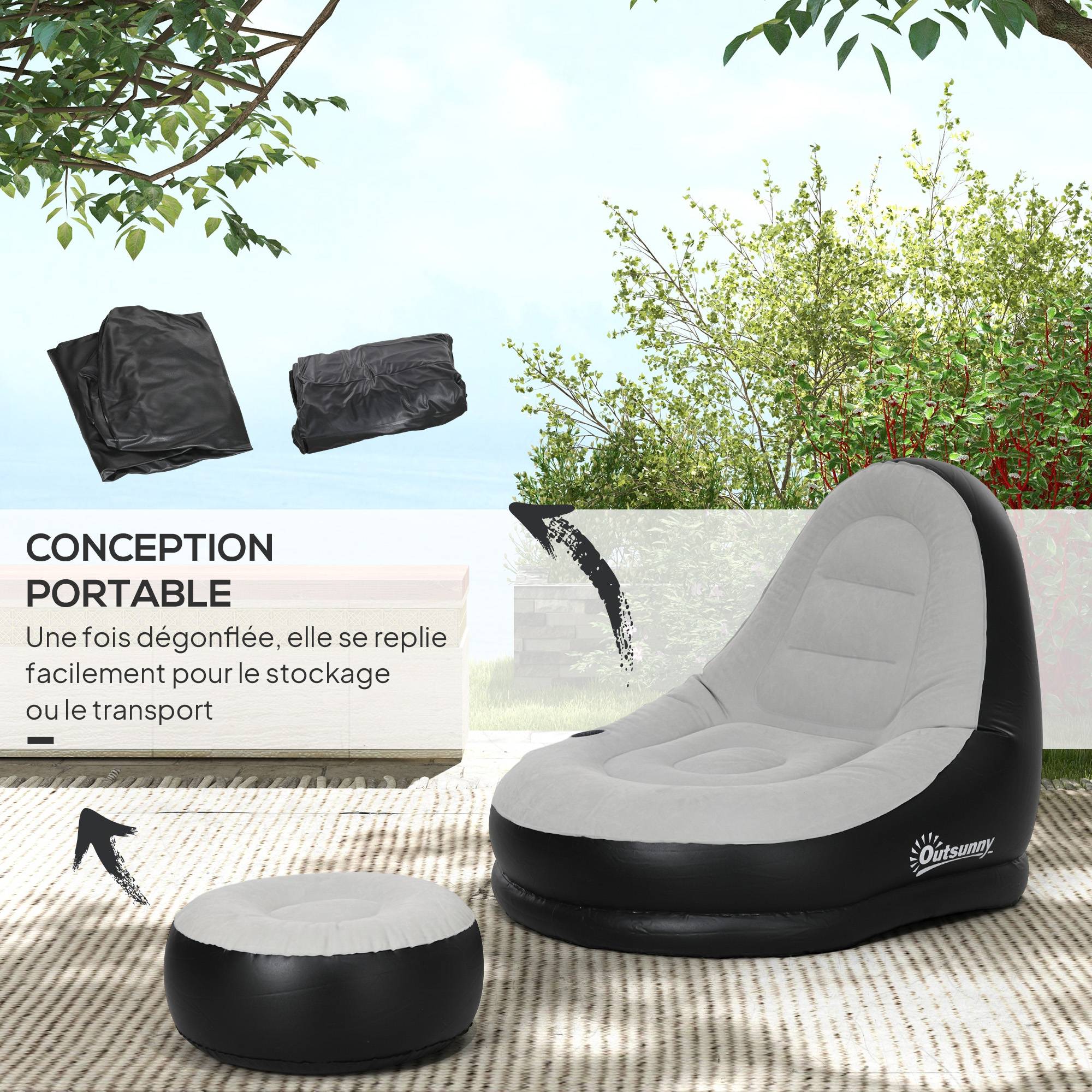 ComfortXL - Fauteuil gonflable en plastique gris 125 x 100 x 87 cm avec pouf et porte-gobelet pour détente et rangement - Image 6