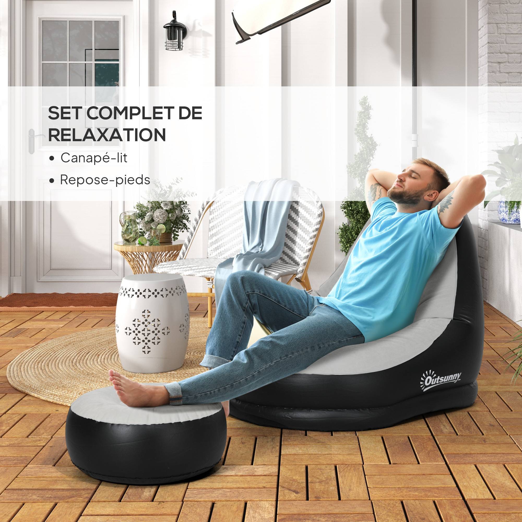 ComfortXL - Fauteuil gonflable en plastique gris 125 x 100 x 87 cm avec pouf et porte-gobelet pour détente et rangement - Image 4
