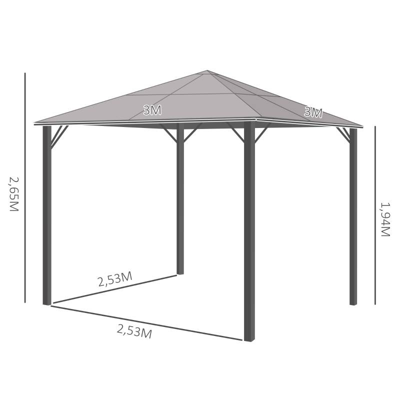 Tonnelle jardin aluminium polycarbonate terrasse rideaux moustiquaire 3x3m gris - ComfortXL Outdoor Living - Image 3