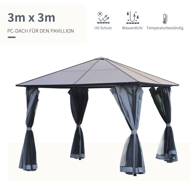 Tonnelle jardin aluminium polycarbonate terrasse rideaux moustiquaire 3x3m gris - ComfortXL Outdoor Living - Image 4