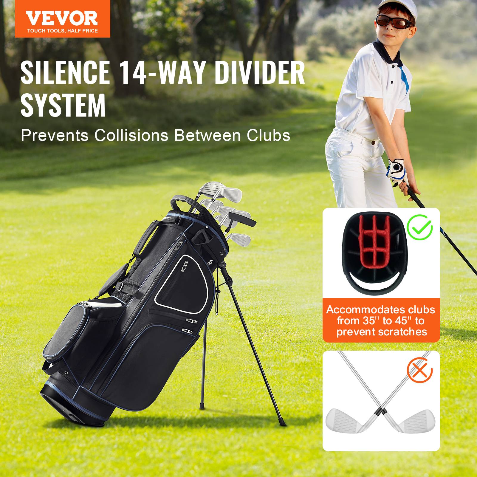 VEVOR Sac golf 89cm, chariot, 14 séparateurs, 11 poches, polyester, roulettes, poignées, anti-poussière. - Image 2