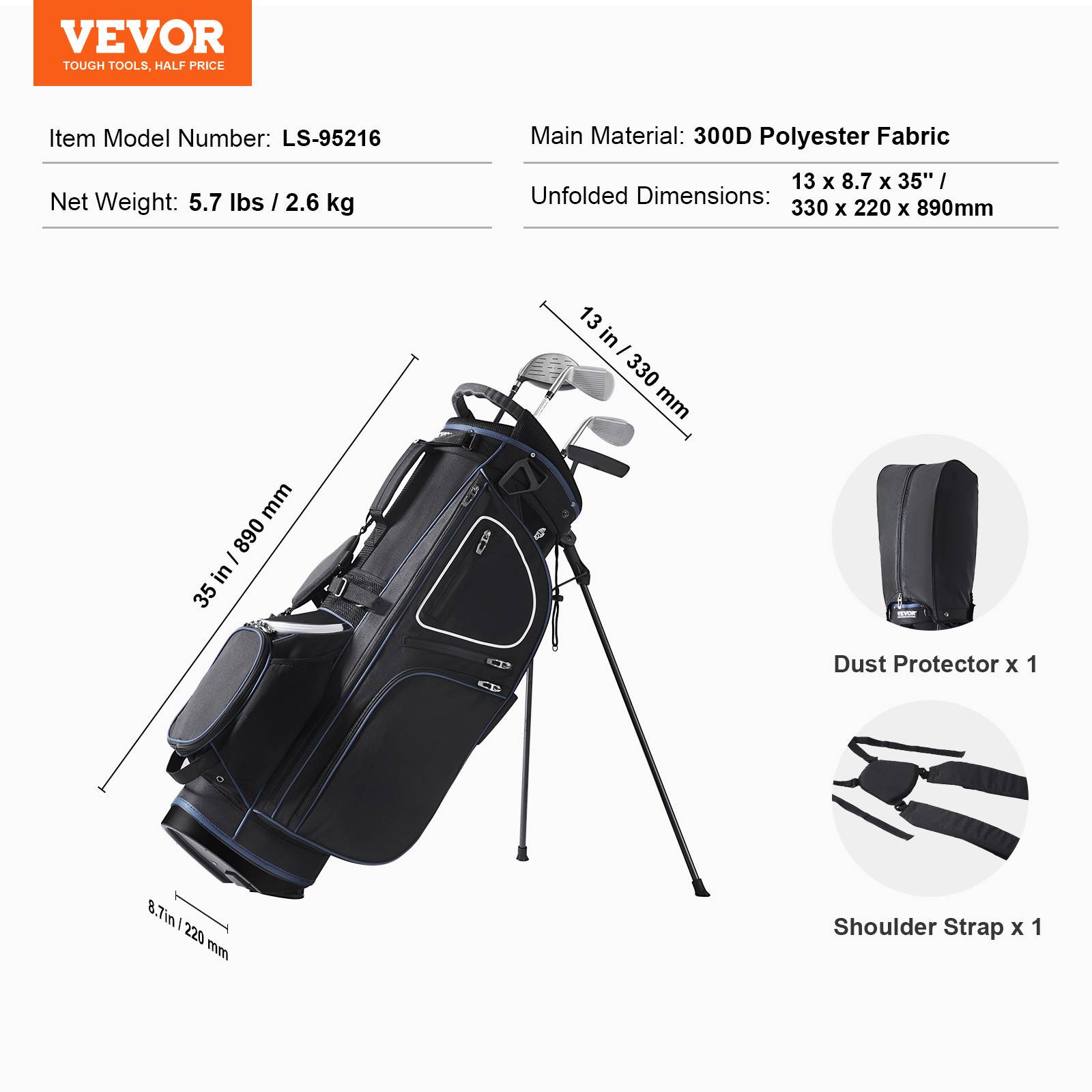 VEVOR Sac golf 89cm, chariot, 14 séparateurs, 11 poches, polyester, roulettes, poignées, anti-poussière. - Image 7