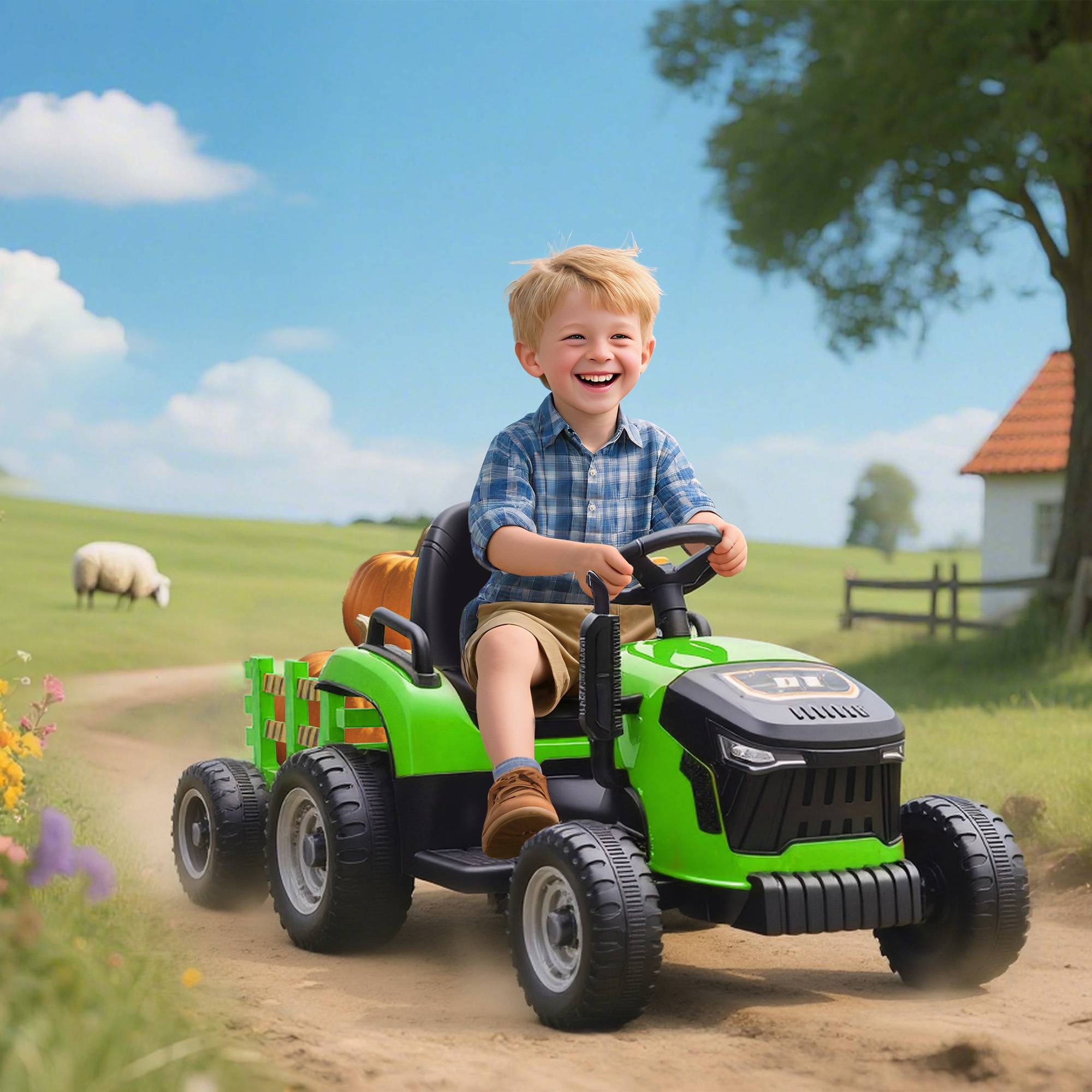 Tracteur électrique enfants avec remorque amovible, voiture électrique enfants, télécommande 2,4G, 139x58x55cm, vert - Image 4