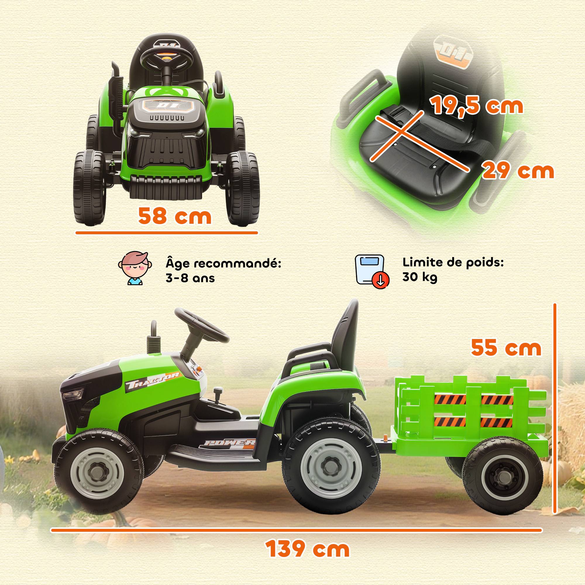 Tracteur électrique enfants avec remorque amovible, voiture électrique enfants, télécommande 2,4G, 139x58x55cm, vert - Image 5