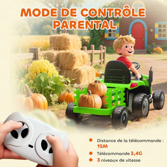 Tracteur électrique enfants avec remorque amovible, voiture électrique enfants, télécommande 2,4G, 139x58x55cm, vert - Image 8