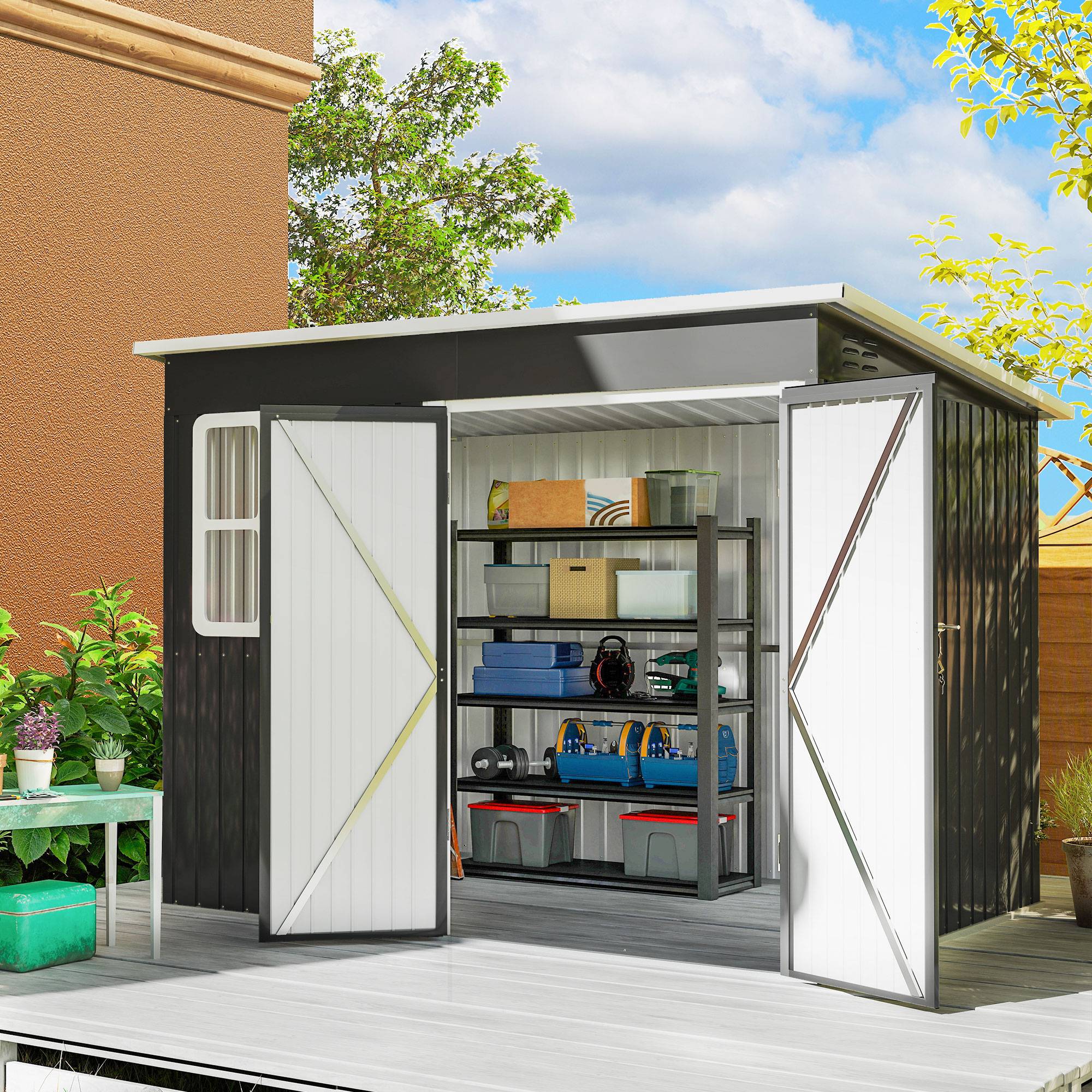 Abri de jardin métallique rangement outils avec fenêtre large porte 260x177x190 cm cabanon gris foncé - Image 3