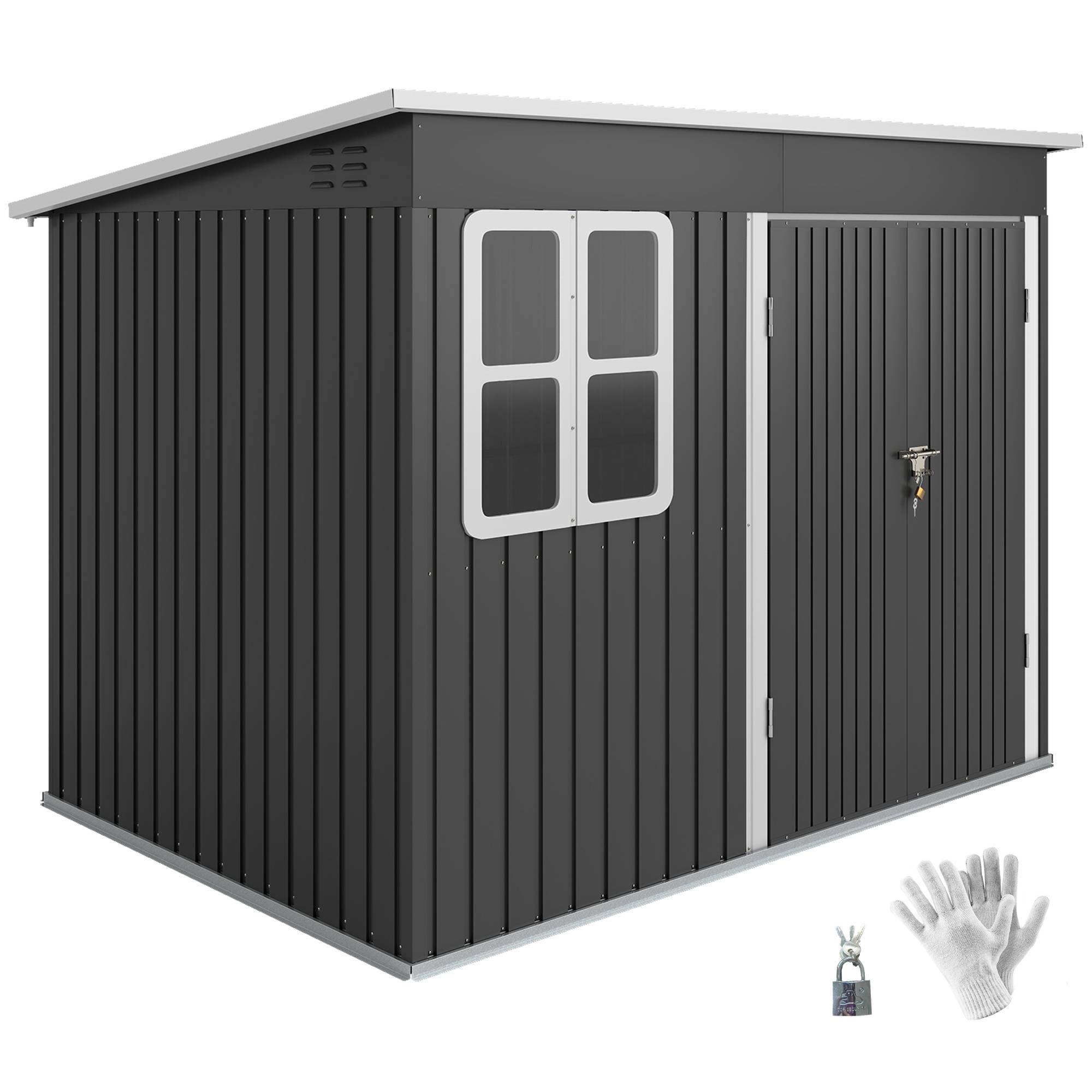 Abri de jardin métallique rangement outils avec fenêtre large porte 260x177x190 cm cabanon gris foncé - Image 1