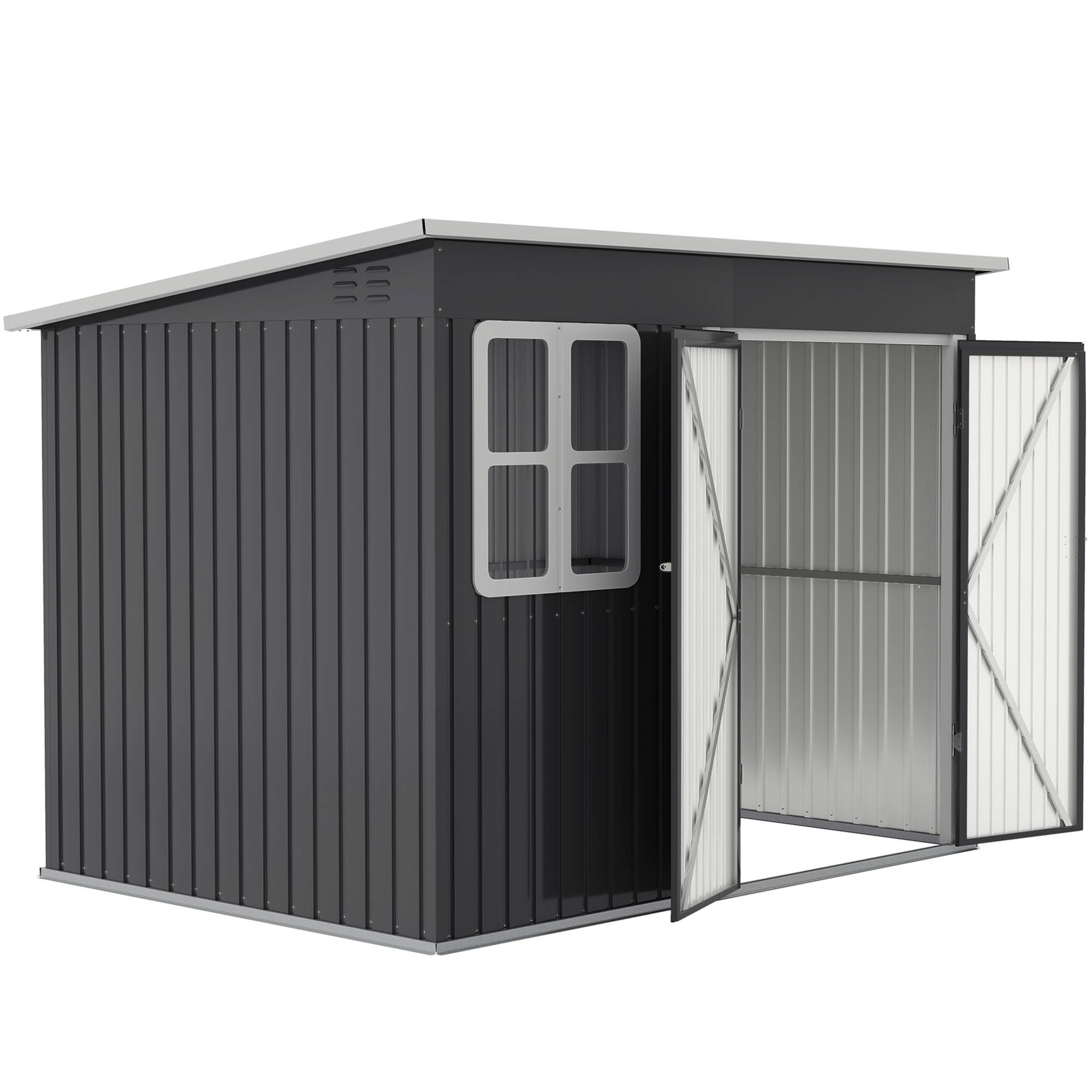 Abri de jardin métallique rangement outils avec fenêtre large porte 260x177x190 cm cabanon gris foncé - Image 2