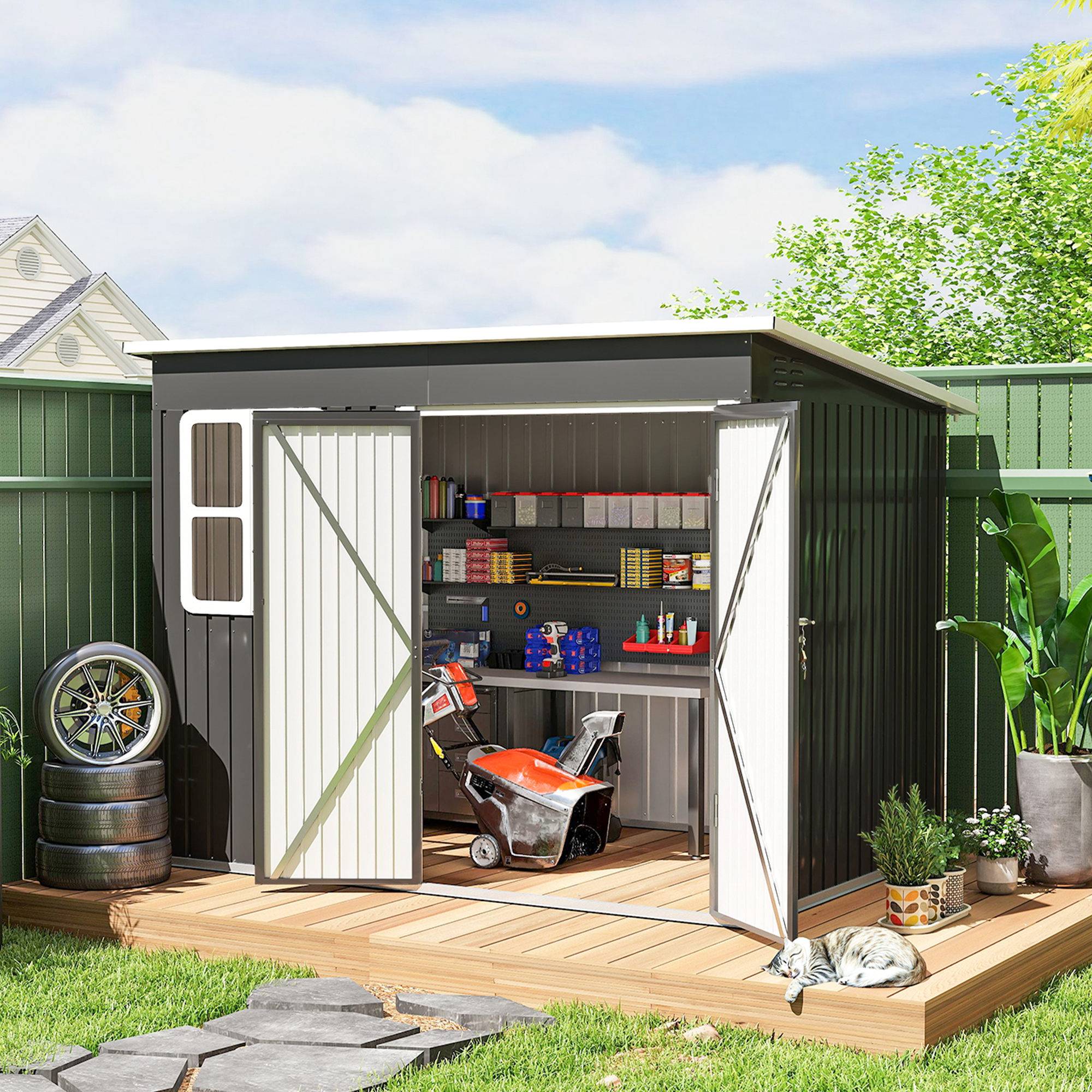 Abri de jardin métallique rangement outils avec fenêtre large porte 260x177x190 cm cabanon gris foncé - Image 4