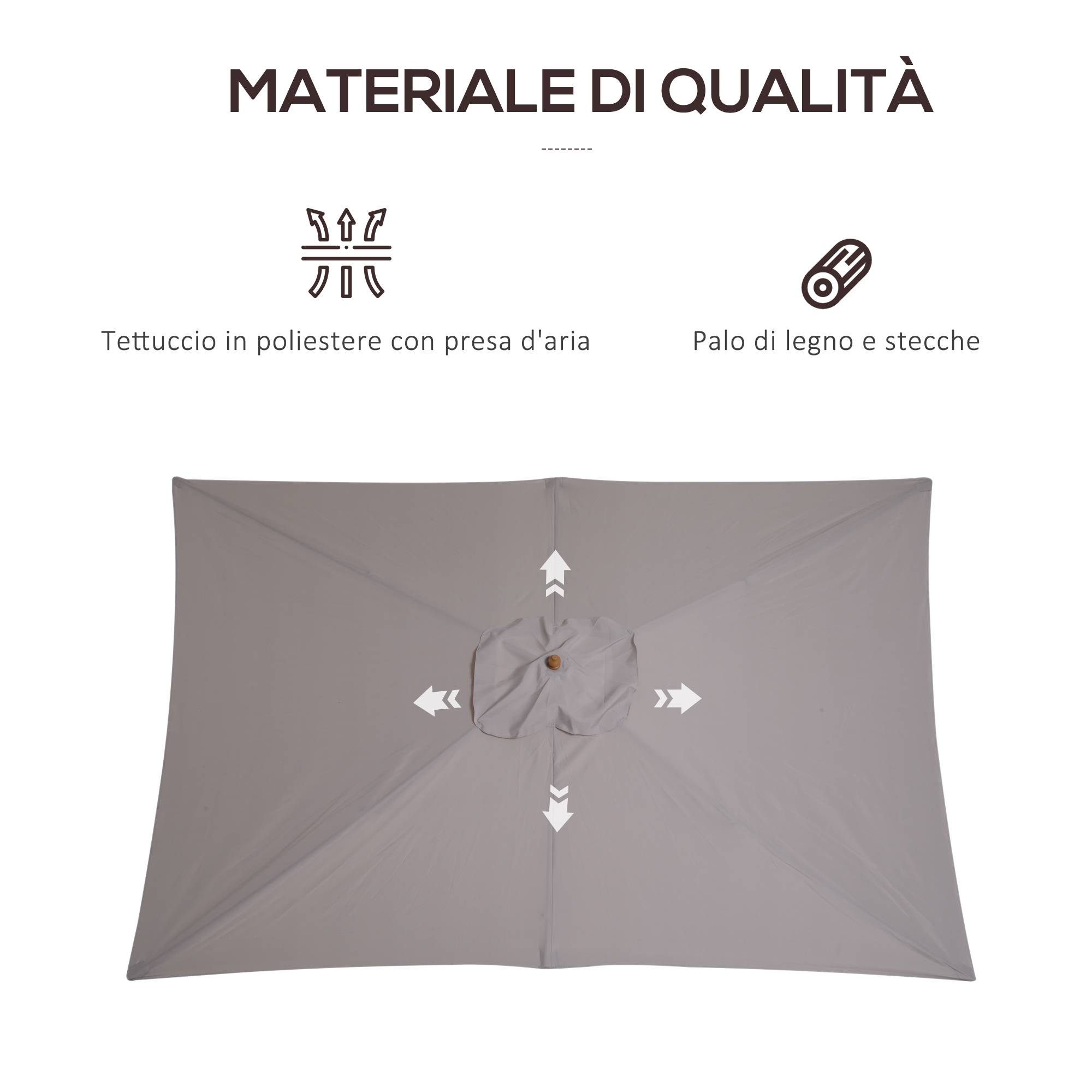 Parasol de jardin 2x3 m imperméable, en bois avec toile amovible en polyester, gris - Image 7
