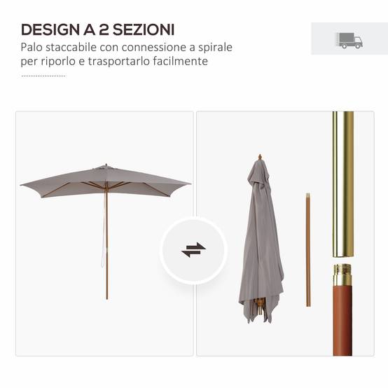 Parasol de jardin 2x3 m imperméable, en bois avec toile amovible en polyester, gris - Image 9
