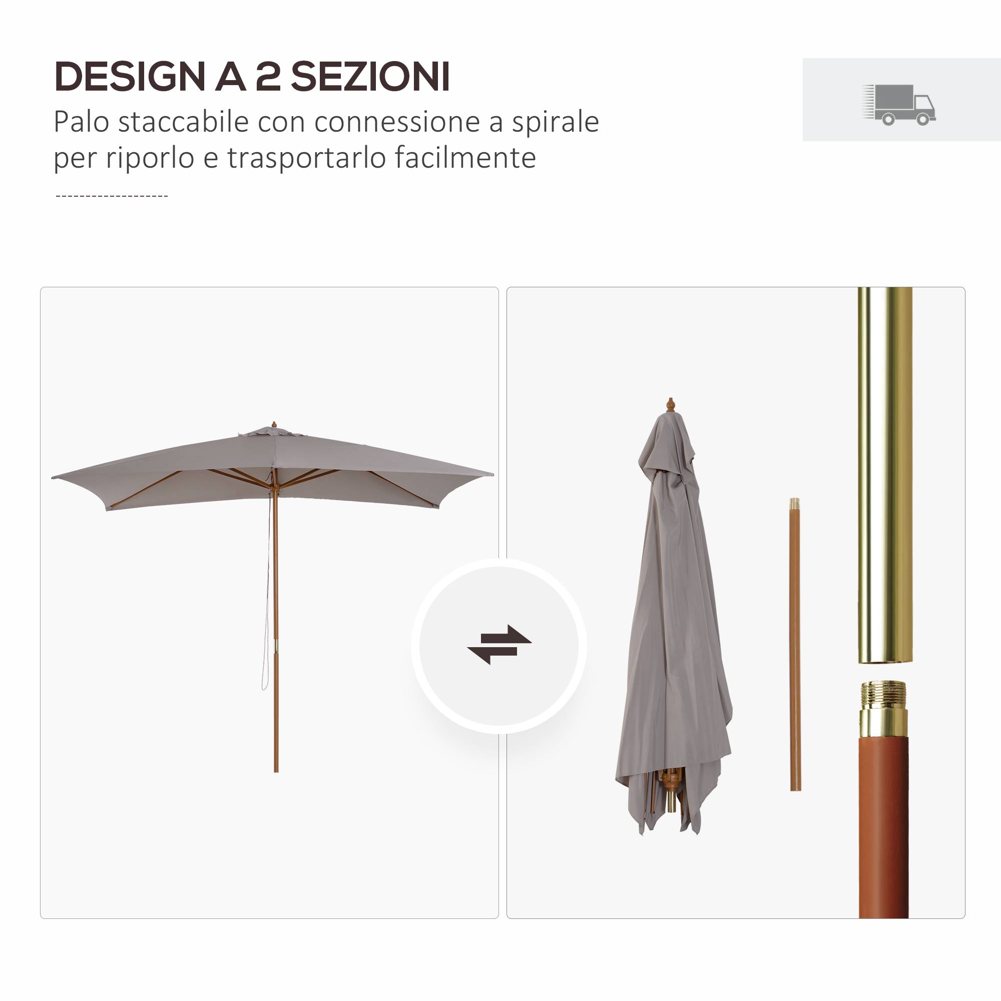 Parasol de jardin 2x3 m imperméable, en bois avec toile amovible en polyester, gris - Image 9