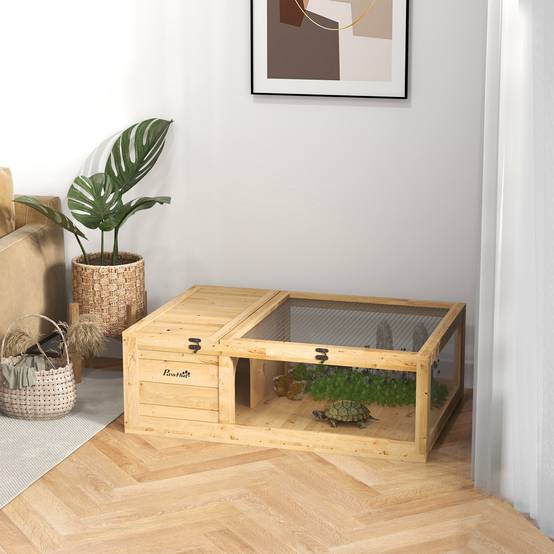 Enclos Tortue Terre Bois Sapin Intérieur Extérieur 2 Espaces 91x60cm Jaune Clair - ComfortXL Outdoor Living - Image 3