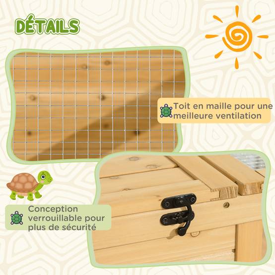 Enclos Tortue Terre Bois Sapin Intérieur Extérieur 2 Espaces 91x60cm Jaune Clair - ComfortXL Outdoor Living - Image 8