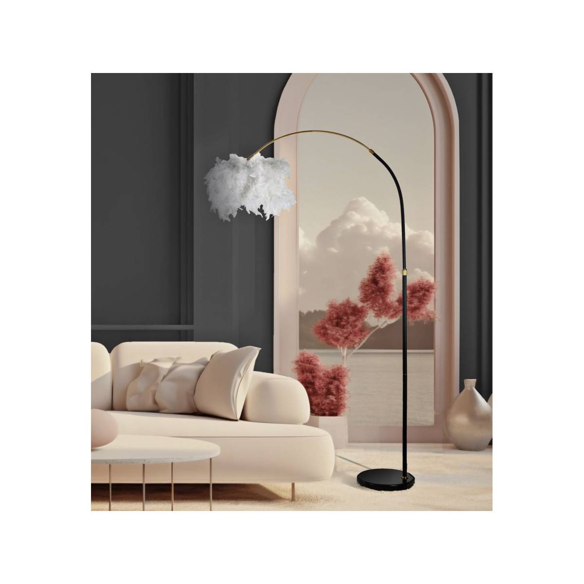 Paris Prix - Lampadaire Imitation Plume "Arc" 180cm Blanc & Noir - Image 6