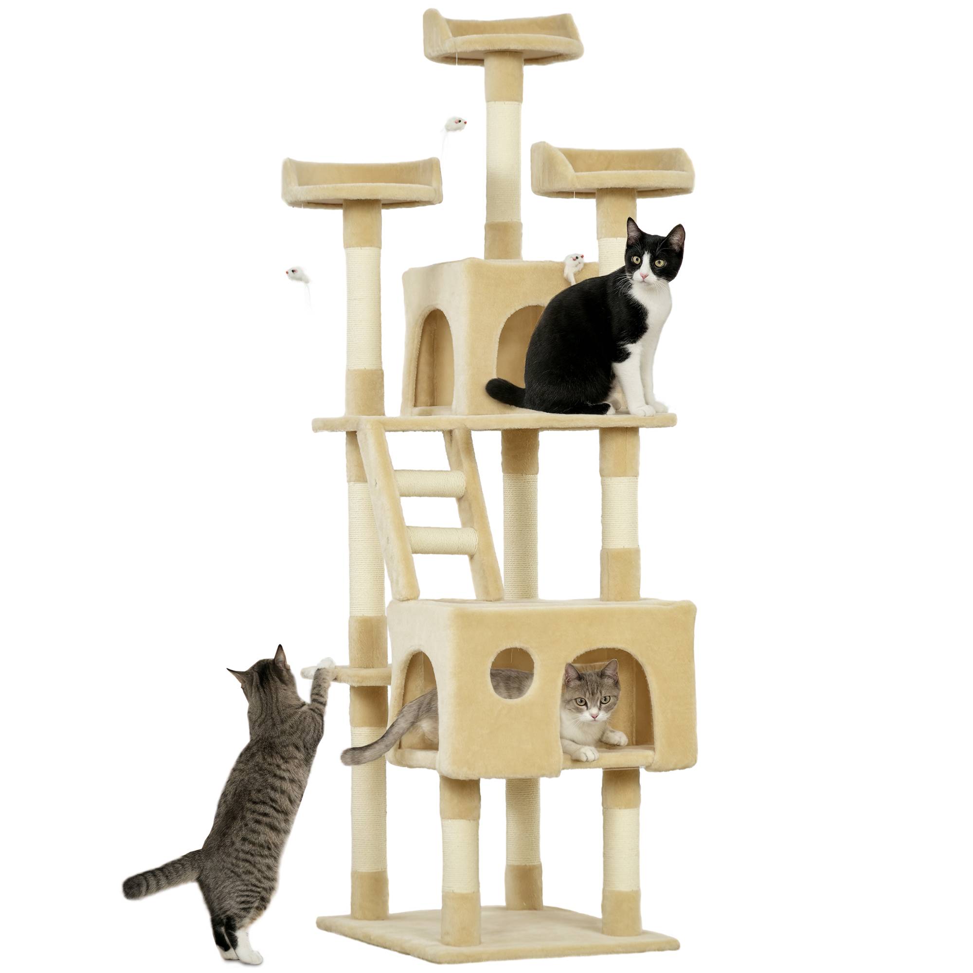 arbre à chat beige géant 60x50x181 cm plateformes échelles niches jouets centre chat intérieur grand stable - Image 1