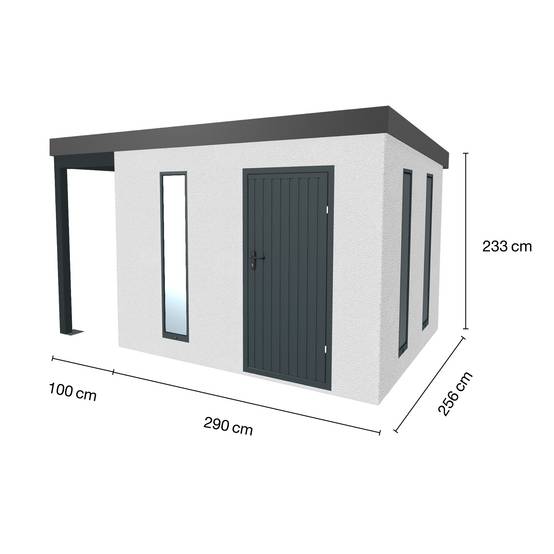 Abri de jardin en métal finition crépi 2900 x 2560 mm blanc avec auvent à gauche 1000 x 2560 mm anthracite - Image 1