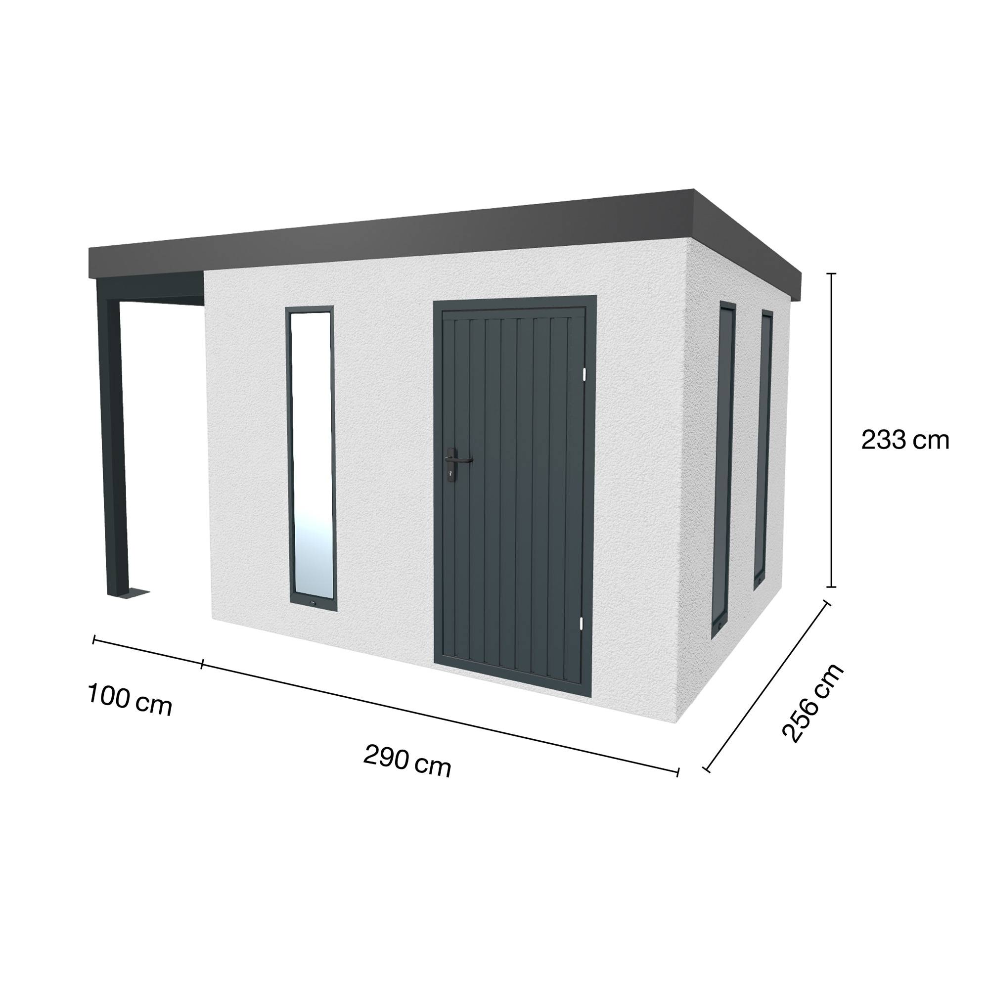 Abri de jardin en métal finition crépi 2900 x 2560 mm blanc avec auvent à gauche 1000 x 2560 mm anthracite - Image 1
