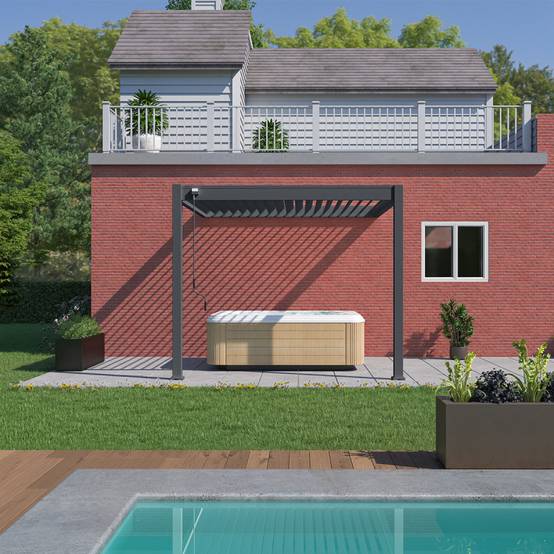 Ombrea - Pergola bioclimatique adossée 3x3 m en aluminium anthracite avec lames orientables et 1 store latéral – Ombrea - Image 1