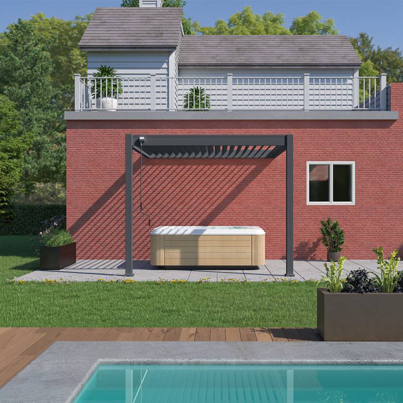 Ombrea - Pergola bioclimatique adossée 3x3 m en aluminium anthracite avec lames orientables et 1 store latéral – Ombrea - Image 1