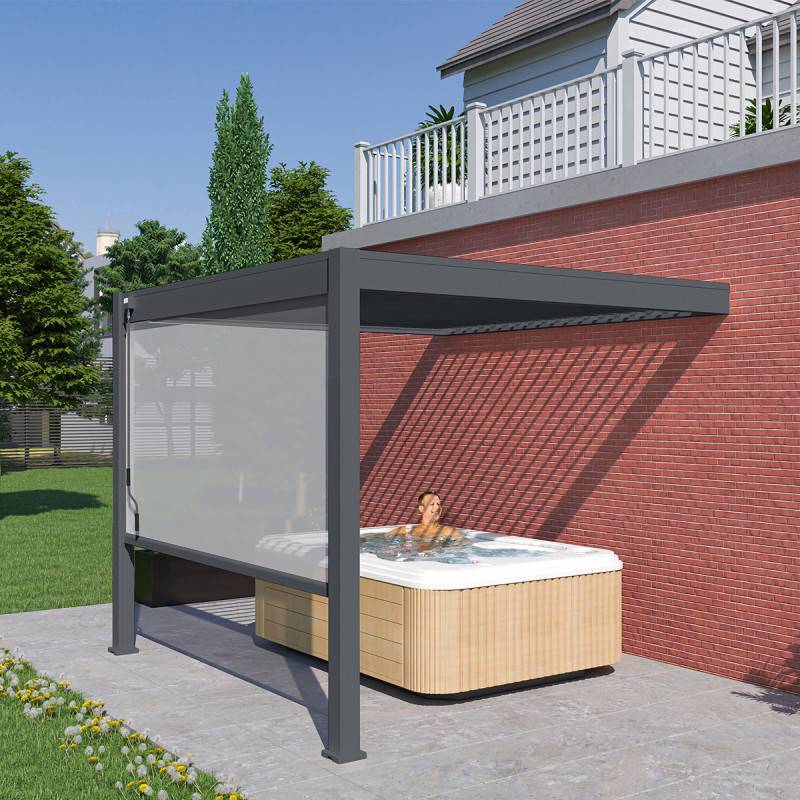 Ombrea - Pergola bioclimatique adossée 3x3 m en aluminium anthracite avec lames orientables et 1 store latéral – Ombrea - Image 3