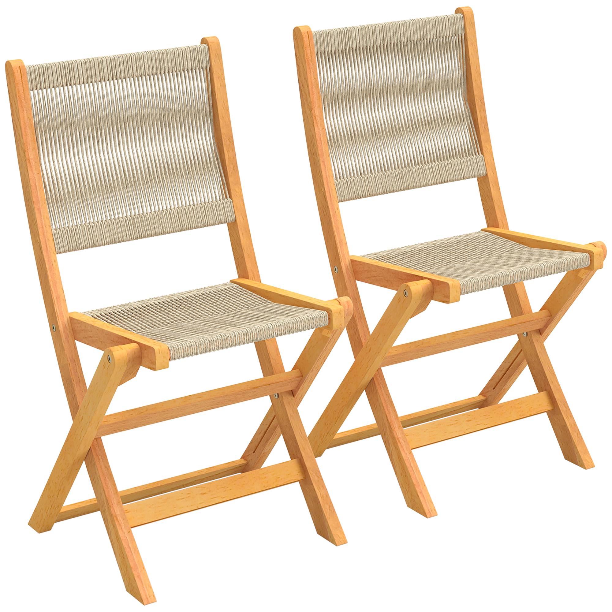 Lot de 2 Chaises de Jardin Pliantes Chaises de Balcon en Bois d'Acacia Assise en Corde Tressée Naturel et Beige - Image 1