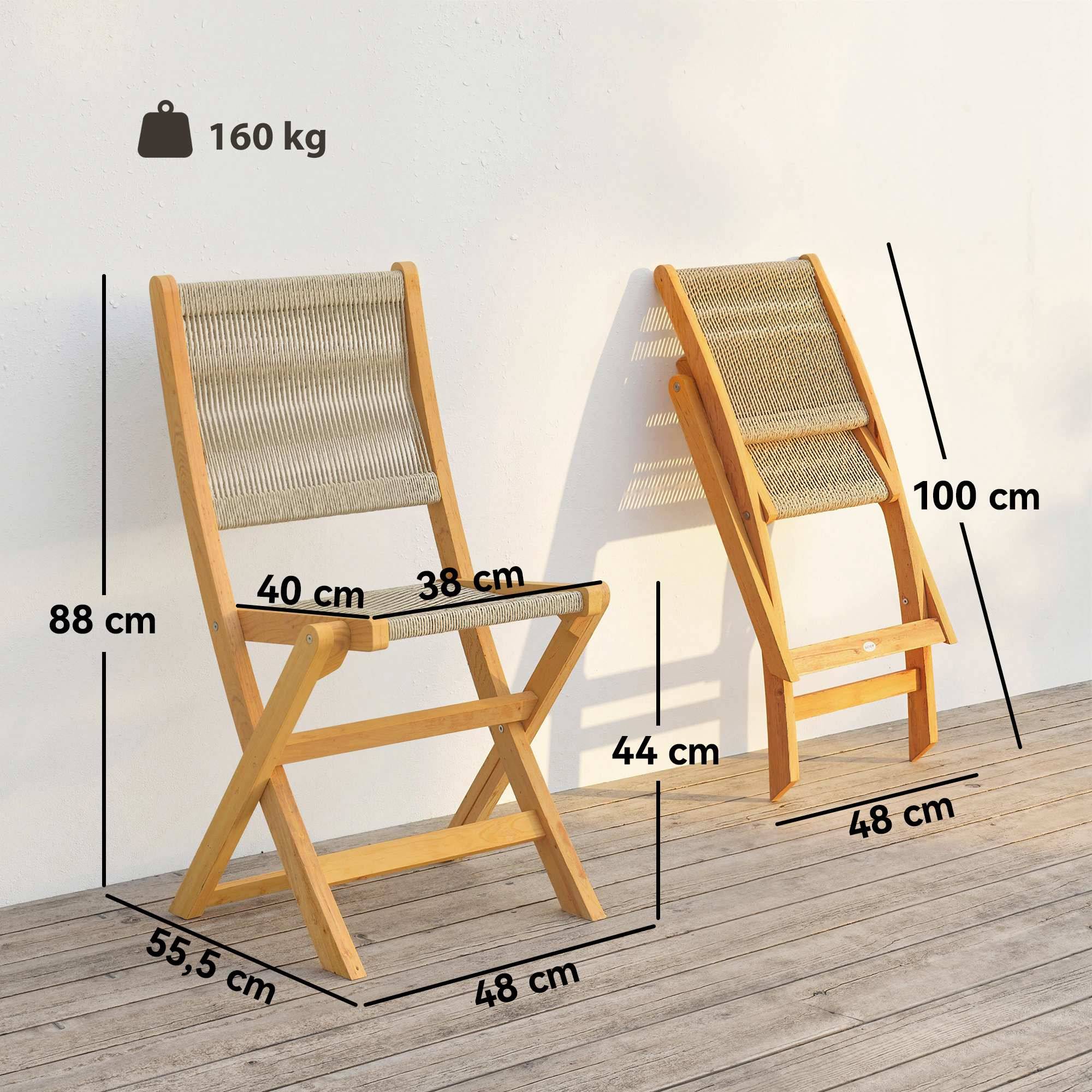 Lot de 2 Chaises de Jardin Pliantes Chaises de Balcon en Bois d'Acacia Assise en Corde Tressée Naturel et Beige - Image 5