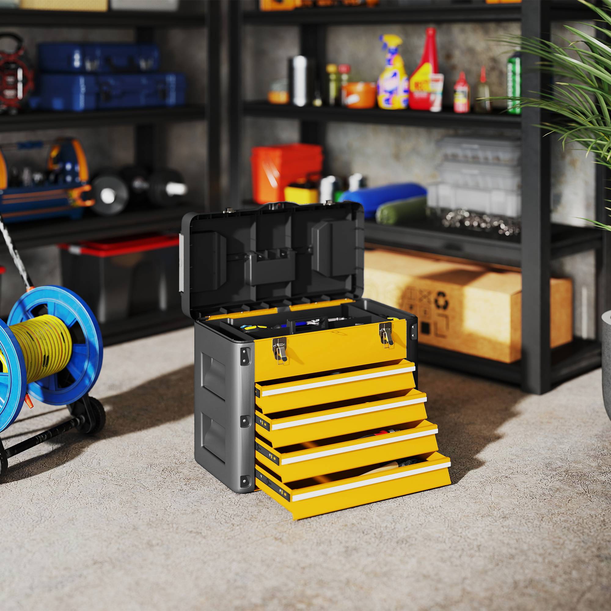 Sans Marque - Boîte à outils vide, 49,7 x 25,3 x 40,7 cm boîte à outils avec 4 tiroirs, mini boîte acier jaune - Image 3