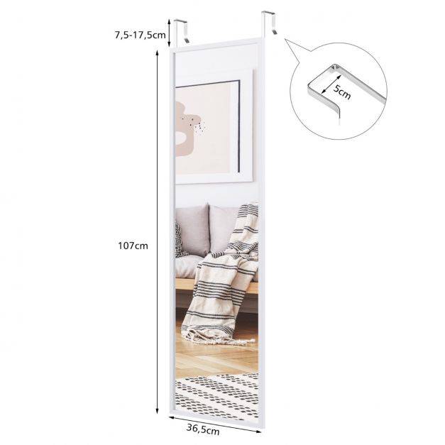 Miroir à suspendre sur porte avec crochets de suspension réglables en hauteur 36,5 x 107 cm blanc - Image 2