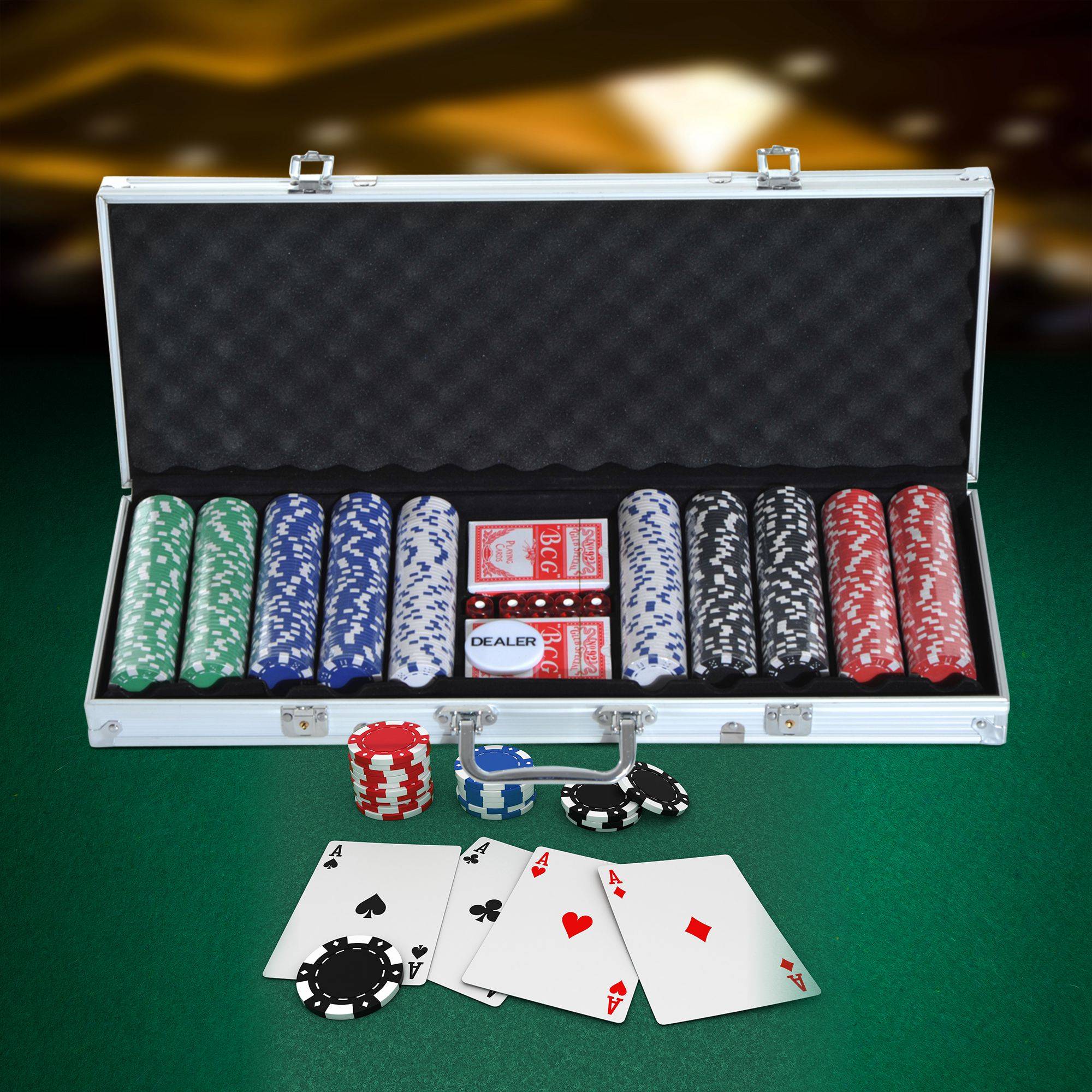 Mallette de Poker Coffret de Poker Complet avec 500 jetons 2 Jeux de Cartes + 5 dés Bouton Dealer 2 clés alu. - Image 4