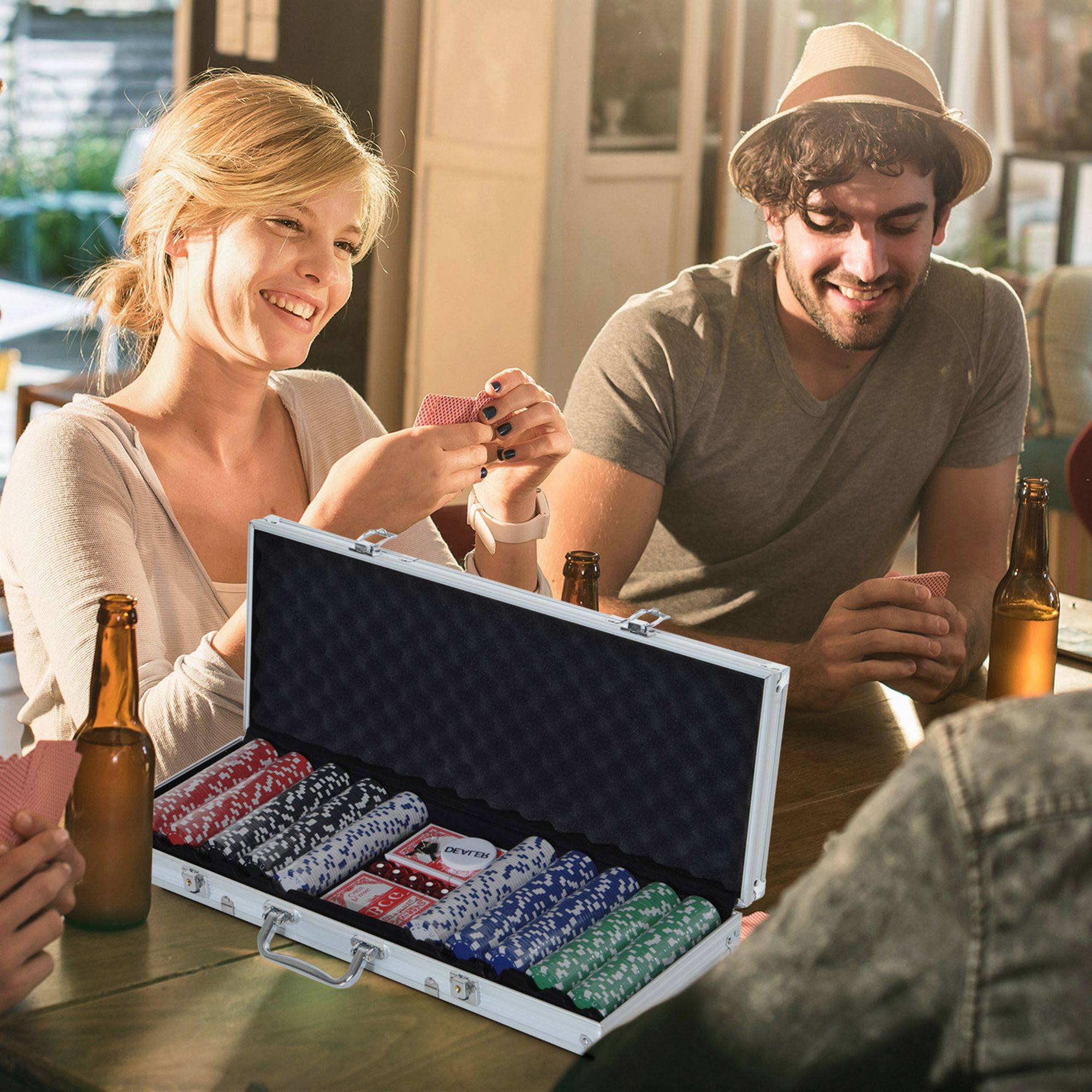 Mallette de Poker Coffret de Poker Complet avec 500 jetons 2 Jeux de Cartes + 5 dés Bouton Dealer 2 clés alu. - Image 3