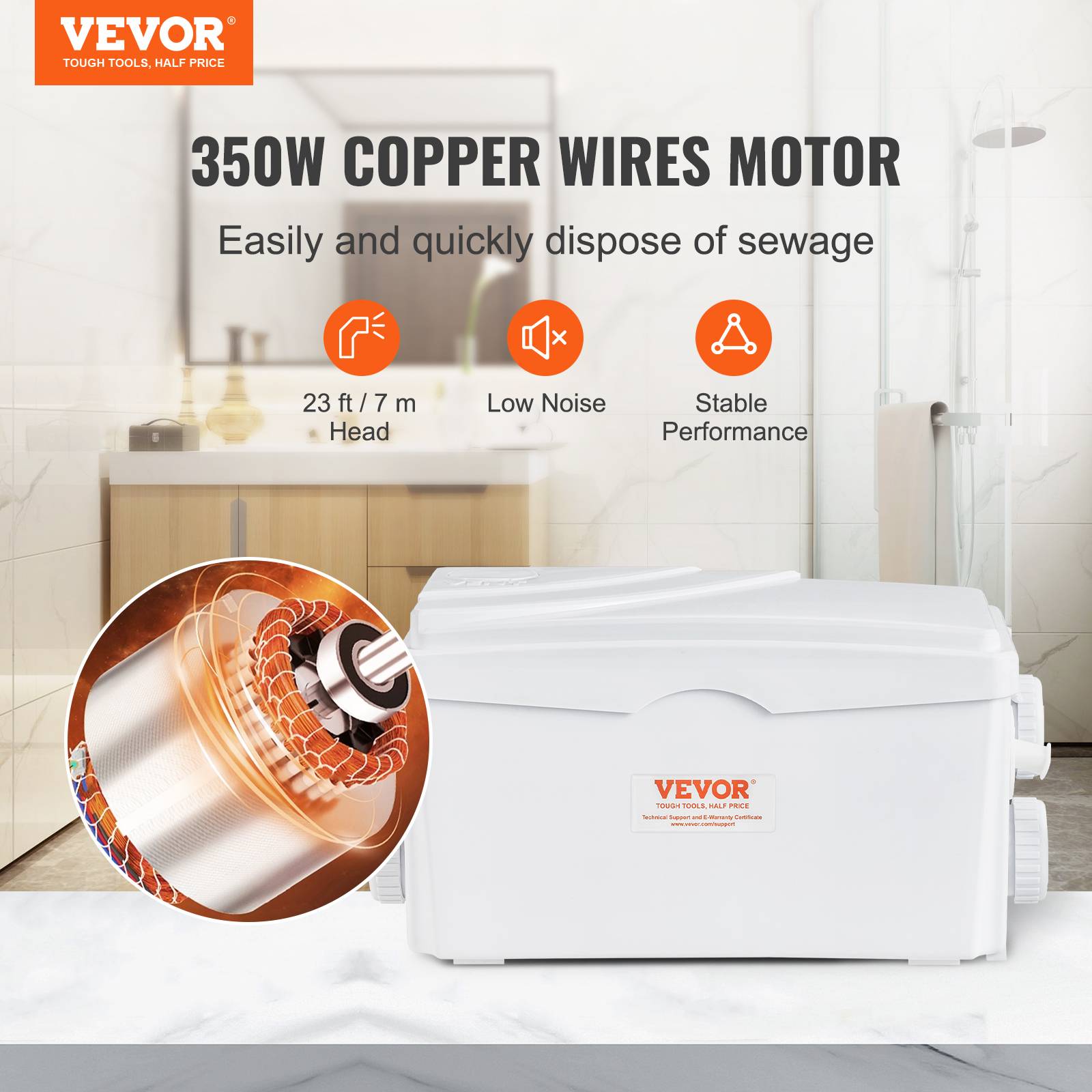 VEVOR Pompe macératrice 350W, 3 entrées eau, 6000 L/h, relevage 7 m, eaux usées sous-sol/cuisine. - Image 2