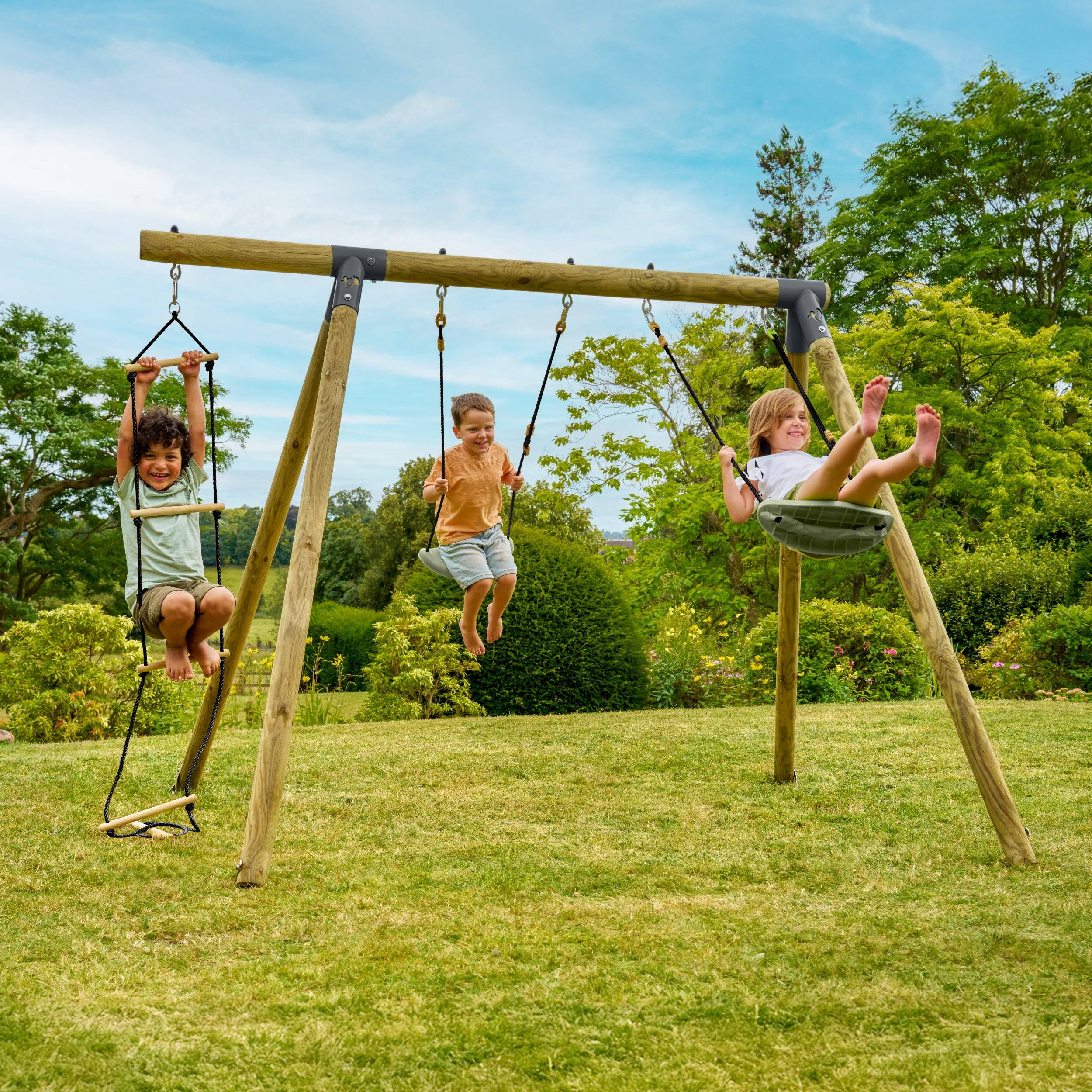 Portique AMANDIER 2 balançoires - échelle corde - kit d'ancrage - bois FSC® h190 cm
