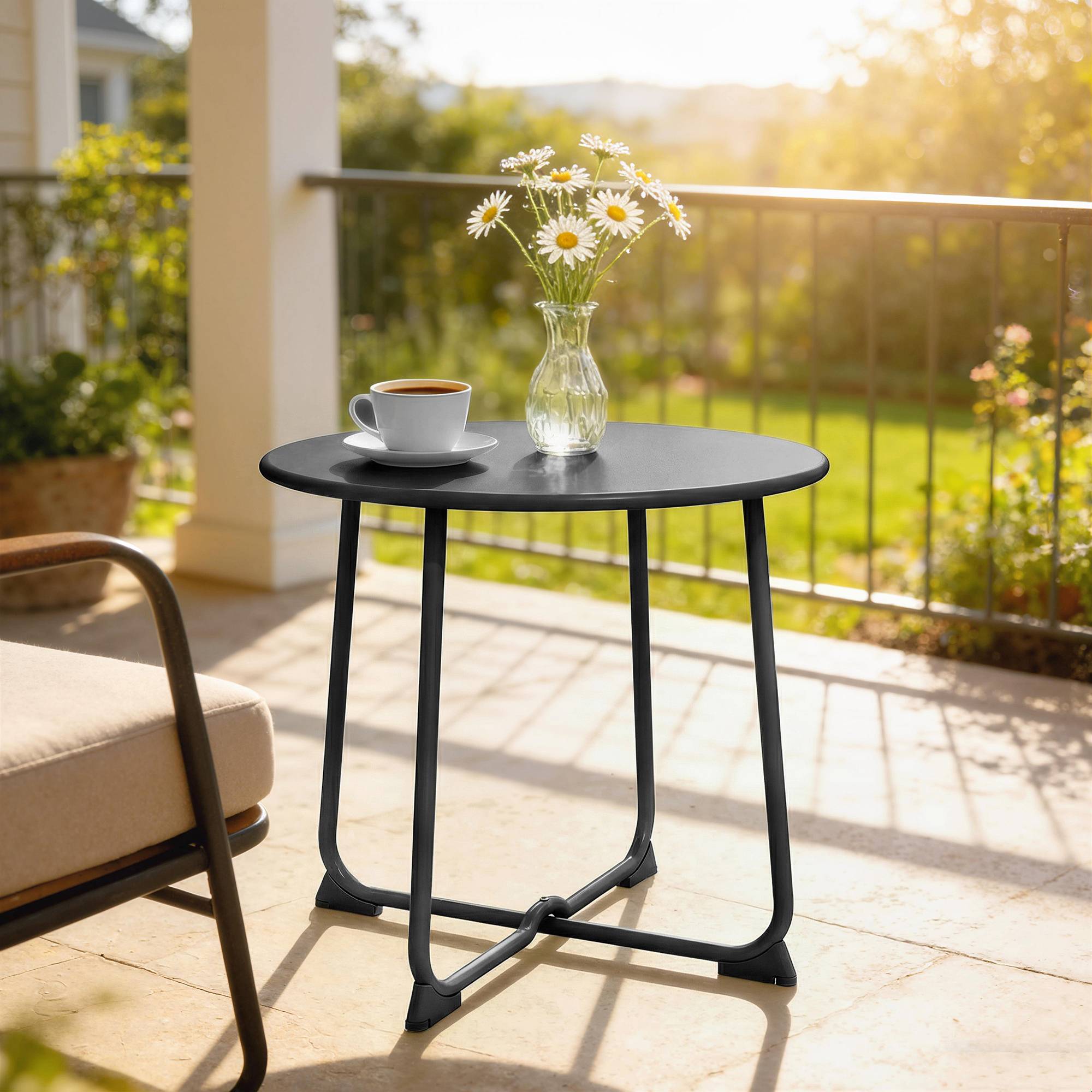 Table basse ronde extérieur 50 cm métal piètement X pieds antidérapants noire - Image 4