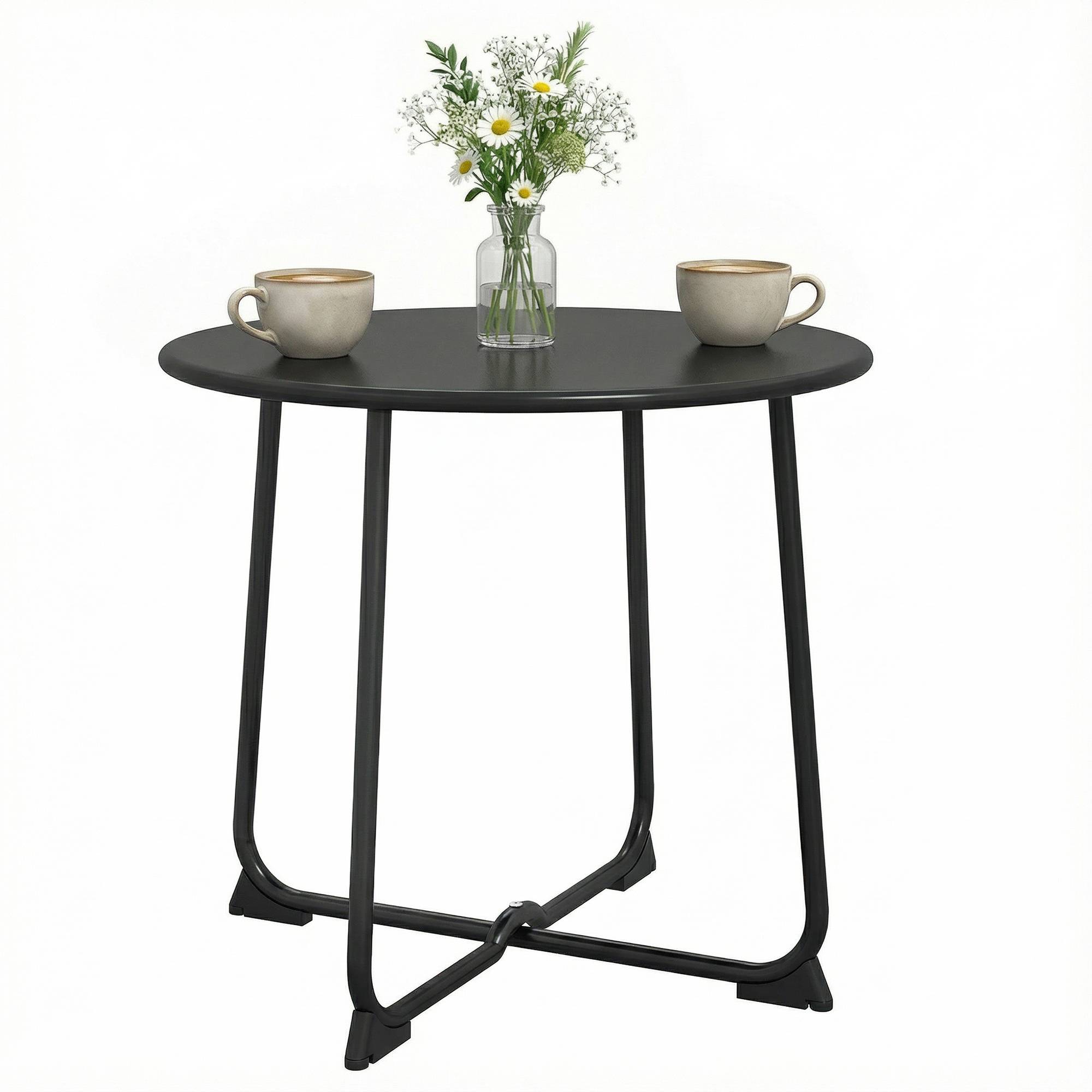 Table basse ronde extérieur 50 cm métal piètement X pieds antidérapants noire - Image 1